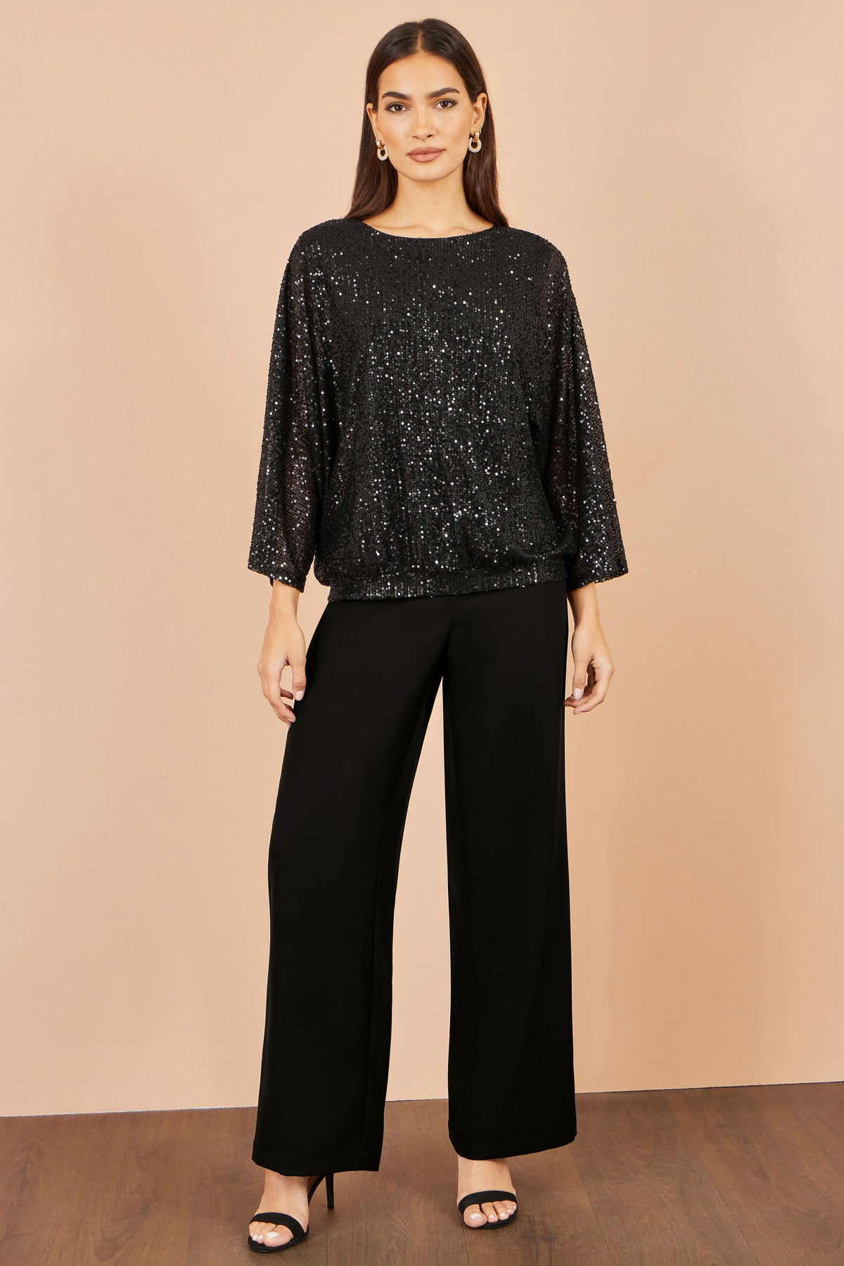 Yumi Black All Over Sequin Batwing Top Tops Yumi