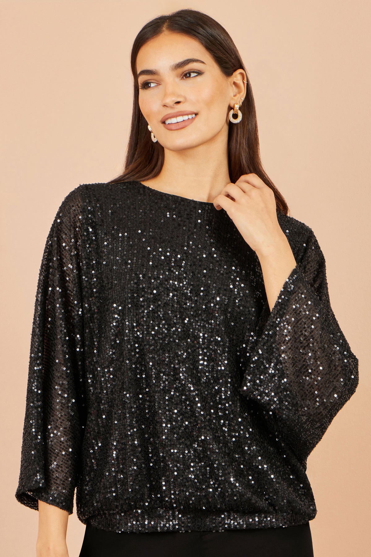 Yumi Black All Over Sequin Batwing Top Tops Yumi