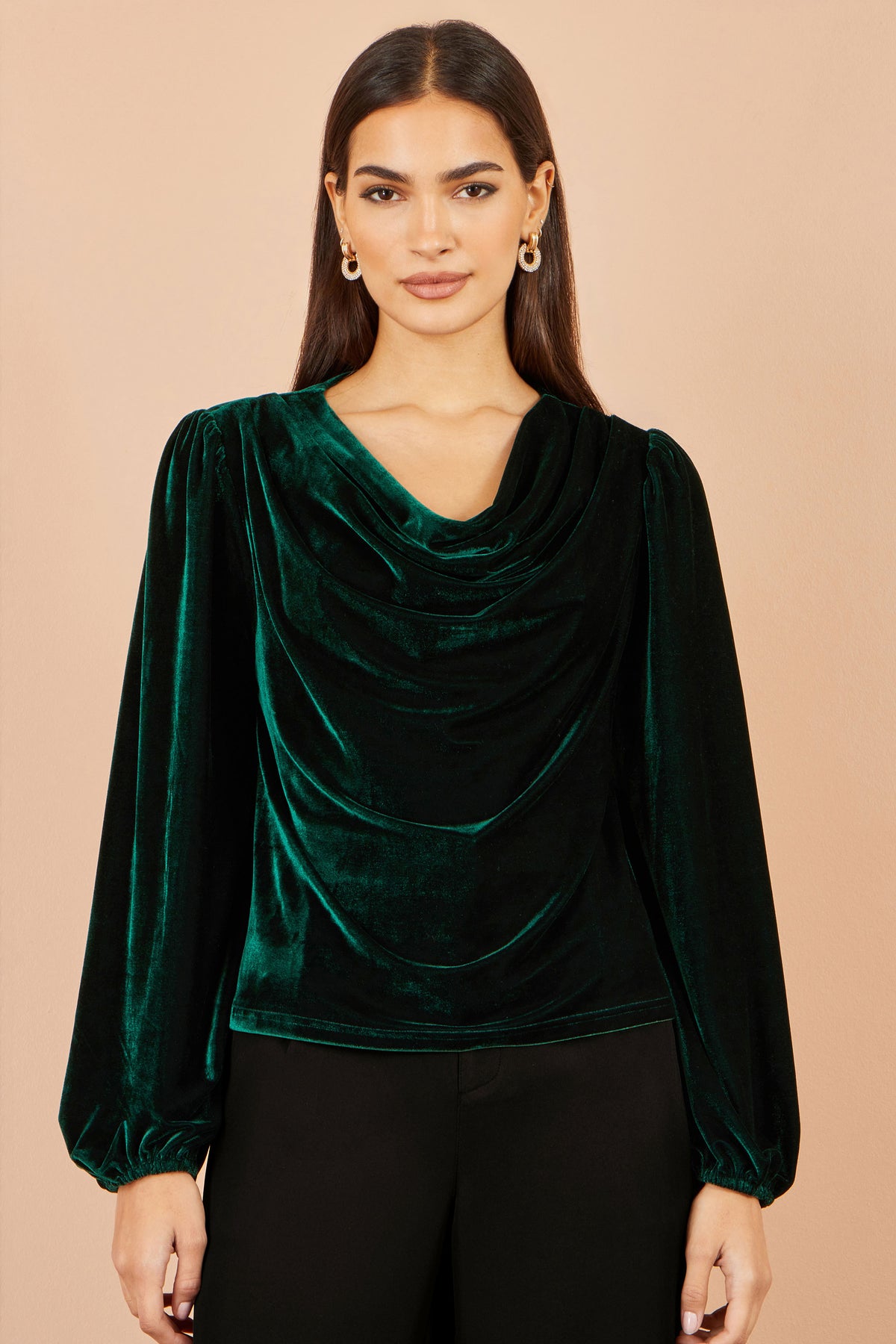Yumi Green Velvet Ruched Cowl Neck Top Tops Yumi