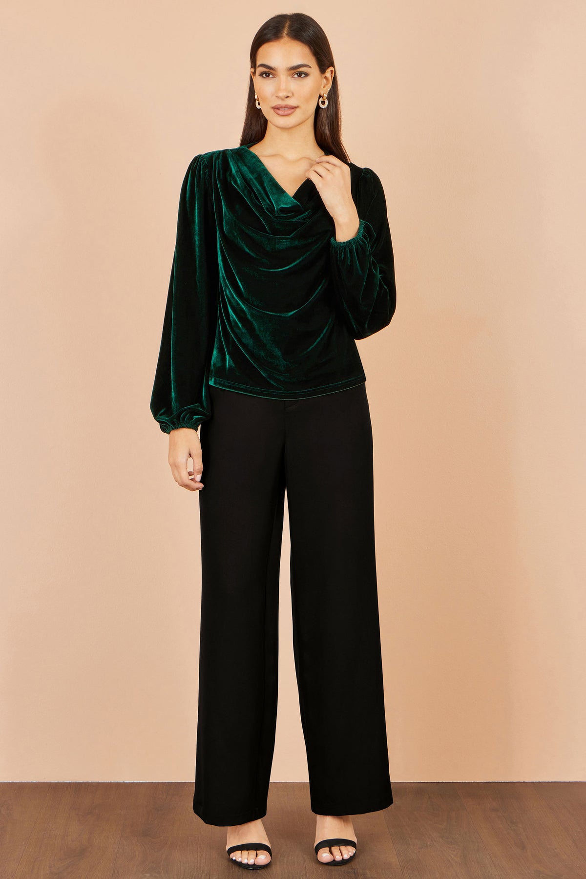 Yumi Green Velvet Ruched Cowl Neck Top Tops Yumi