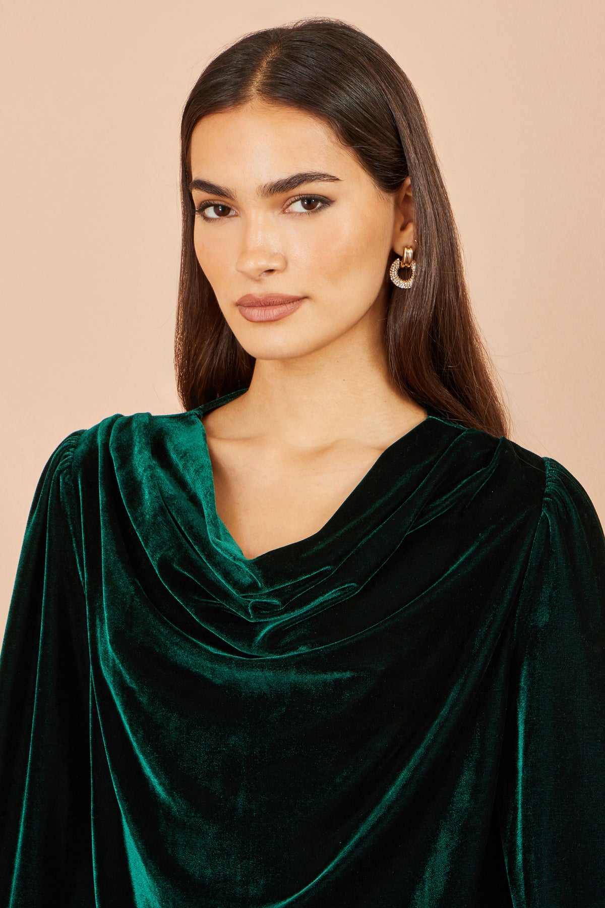 Yumi Green Velvet Ruched Cowl Neck Top Tops Yumi