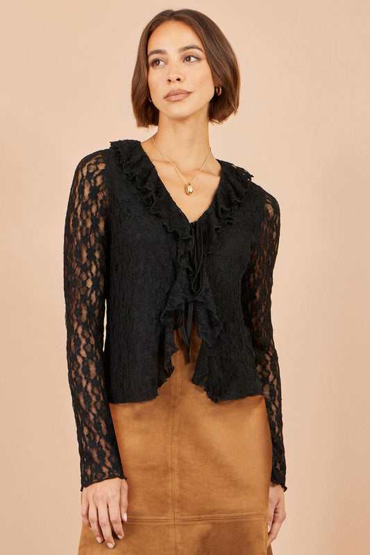 Yumi Black Ruffle Lace Top Tops Yumi