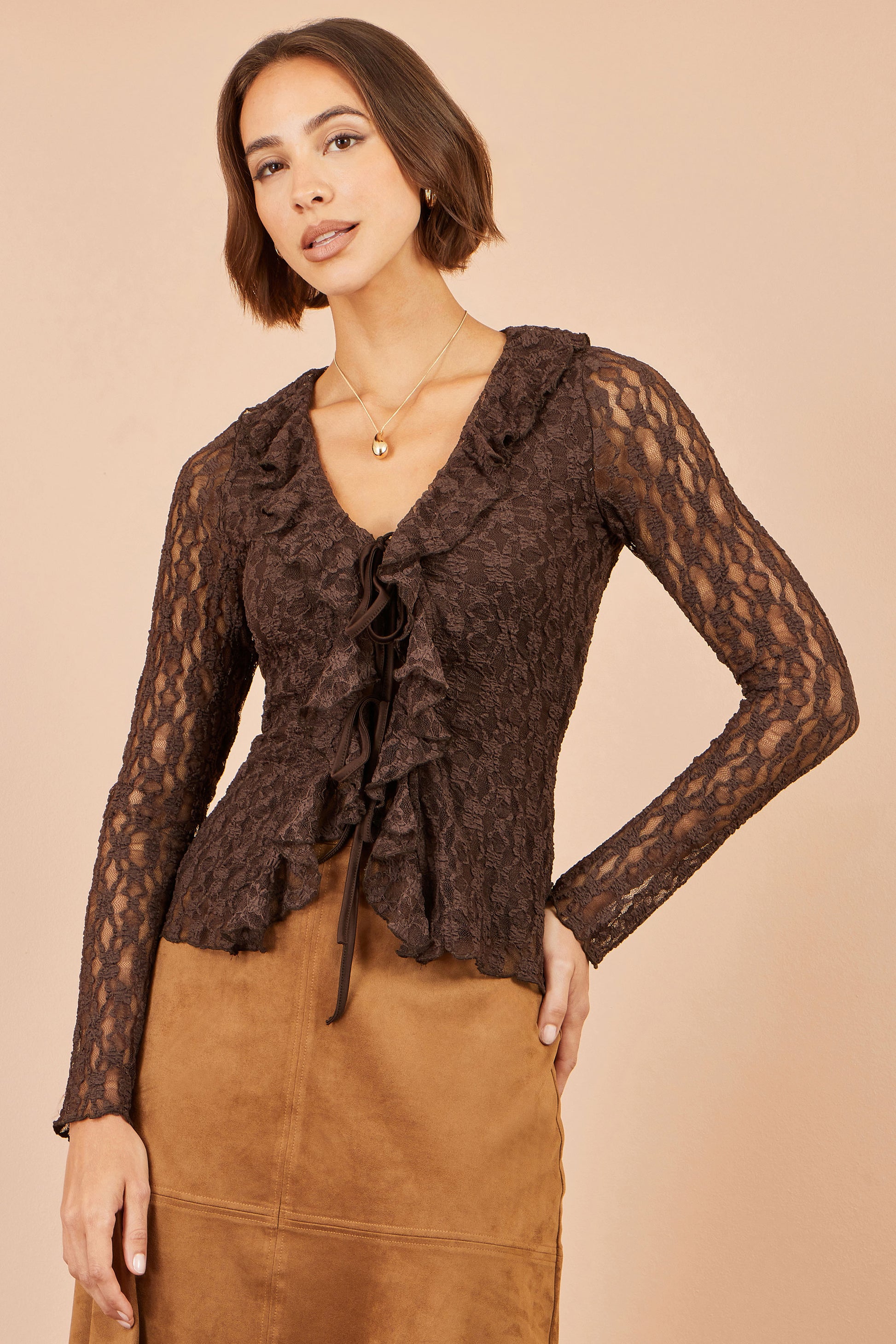 Yumi Brown Ruffle Lace Top Tops Yumi
