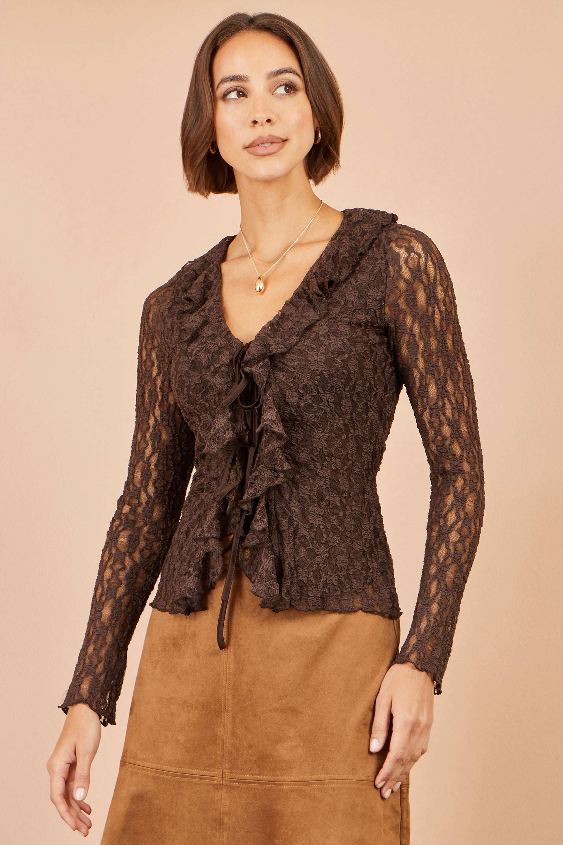 Yumi Brown Ruffle Lace Top Tops Yumi