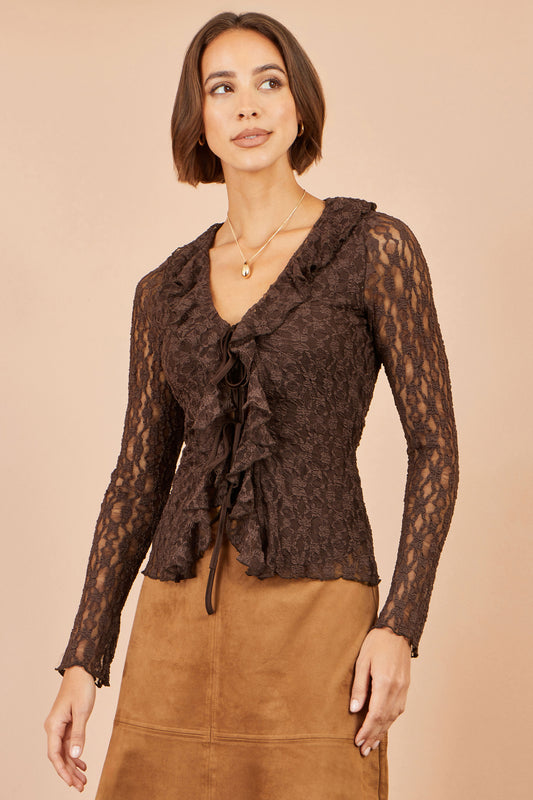 Yumi Brown Ruffle Lace Top Tops Yumi