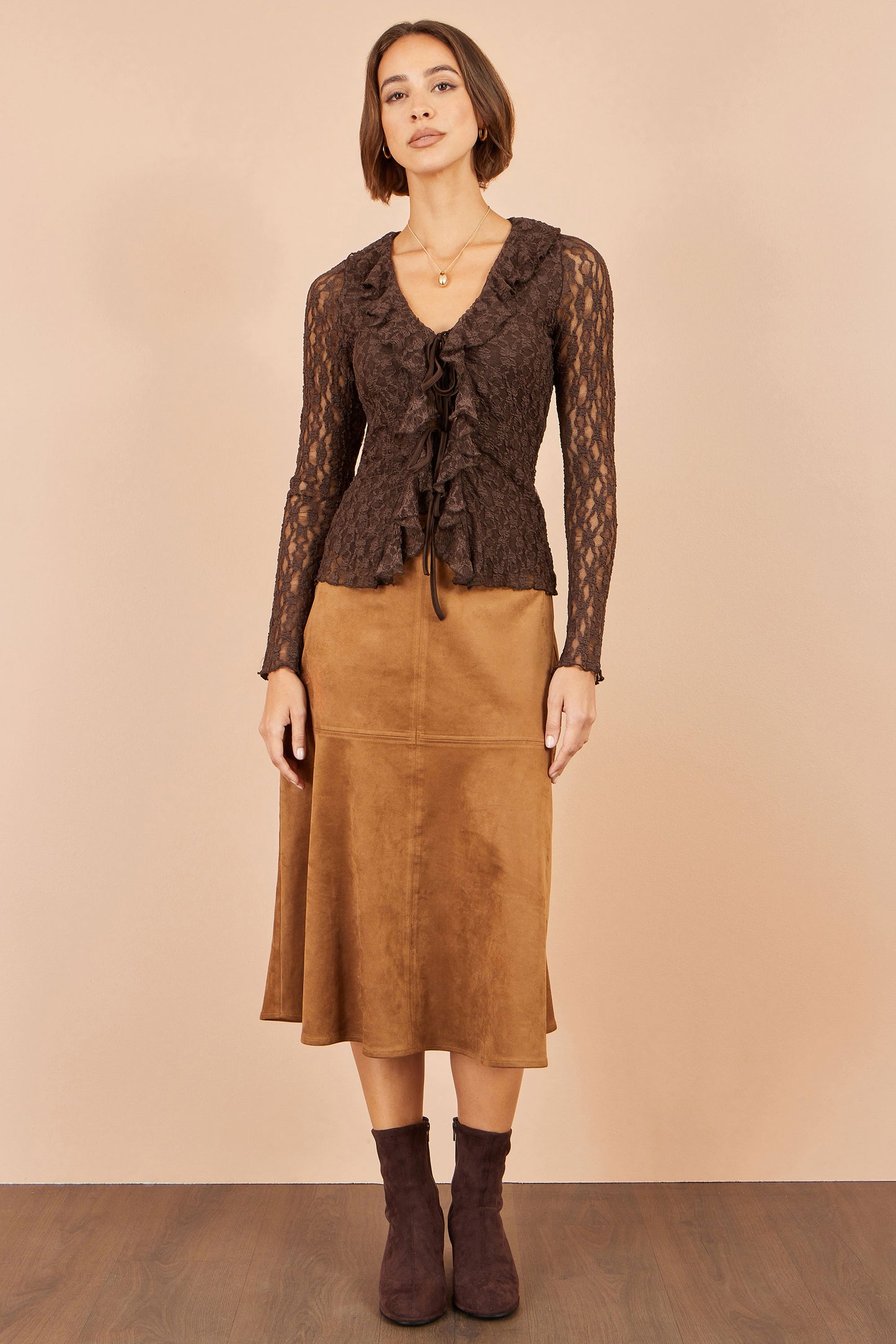Yumi Brown Ruffle Lace Top Tops Yumi