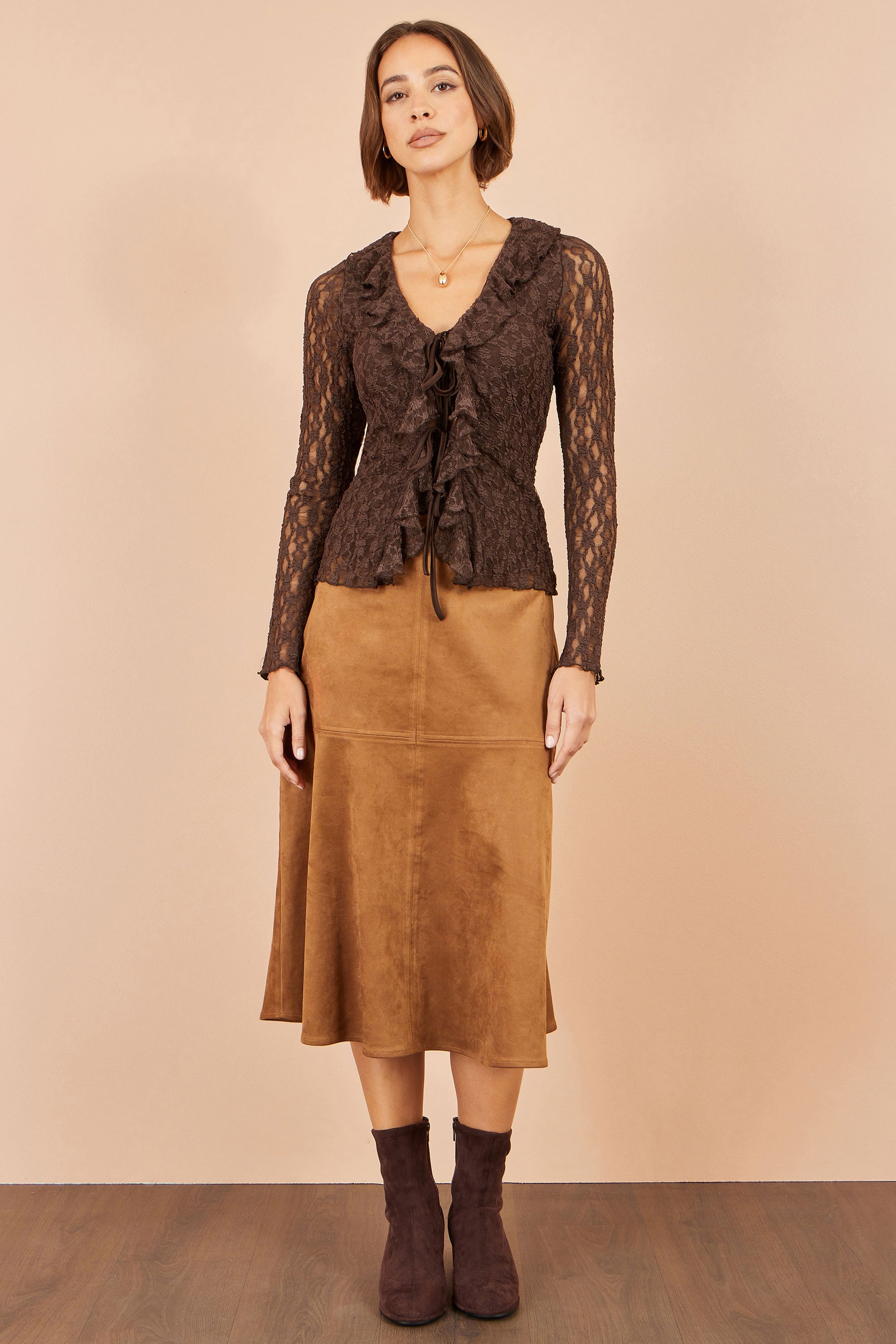 Yumi Brown Ruffle Lace Top Tops Yumi