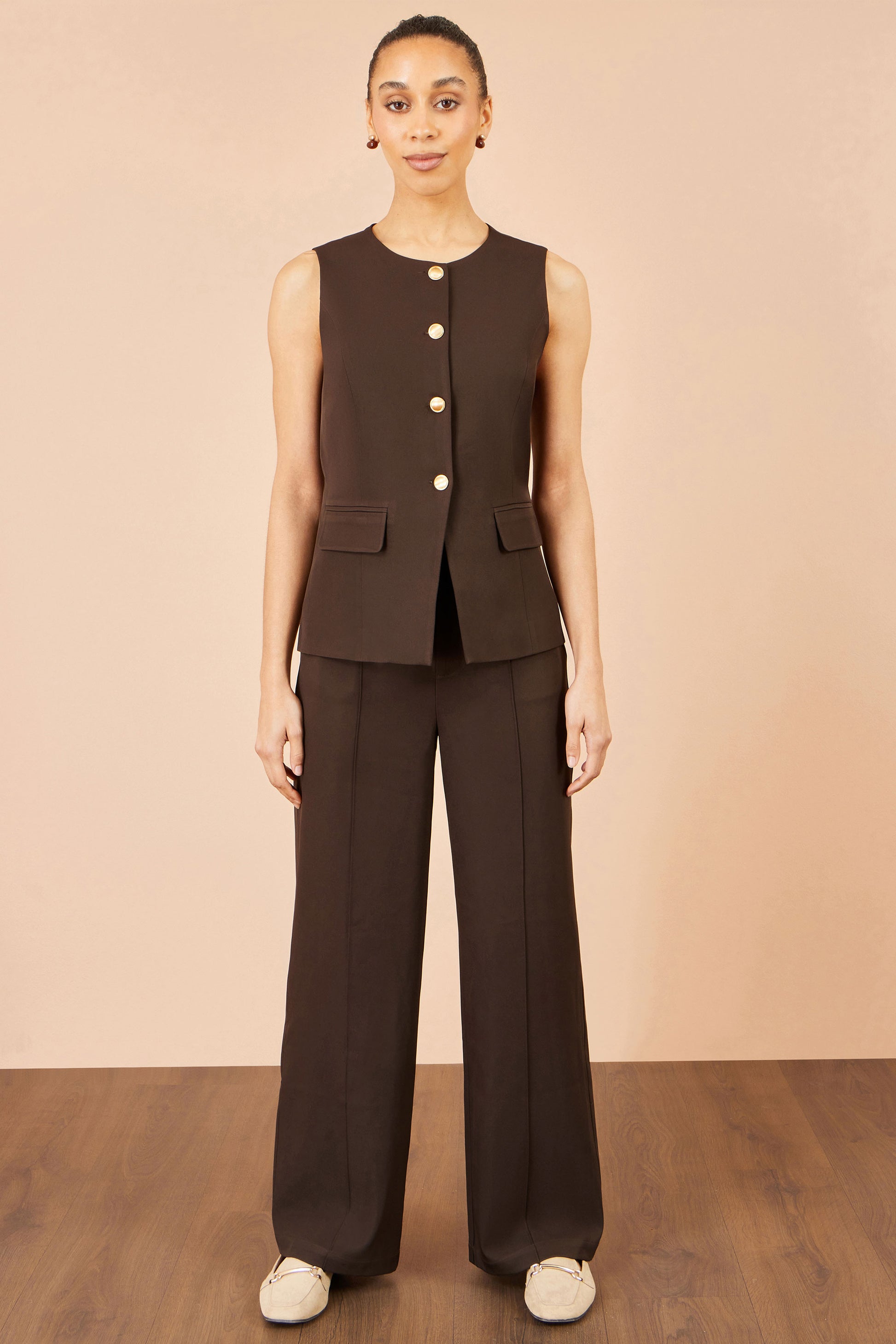 Yumi Brown Long Line Button Wasitcoat Top Tops Yumi
