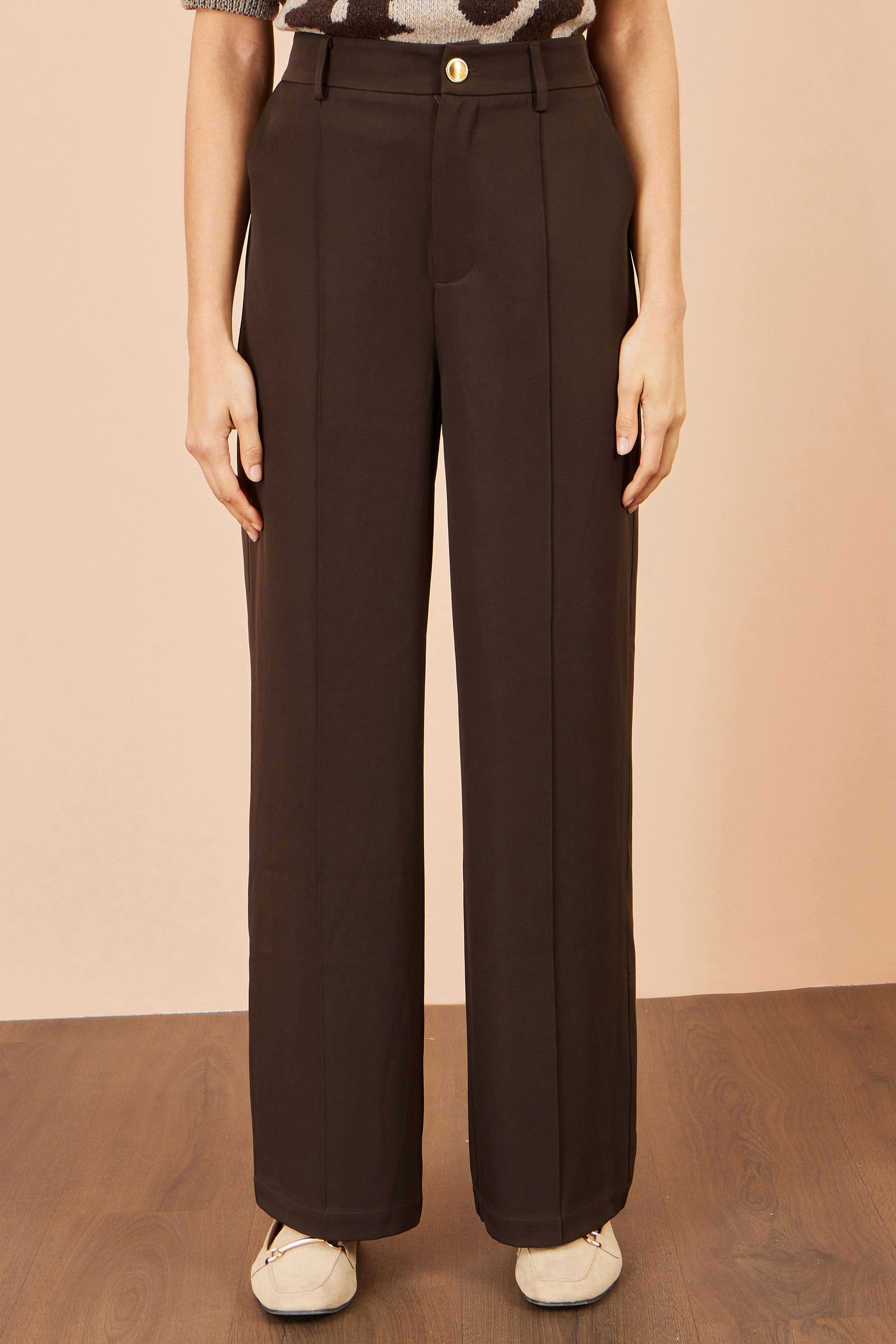 Yumi Brown Wide Leg Stretch Trousers Trouser Yumi