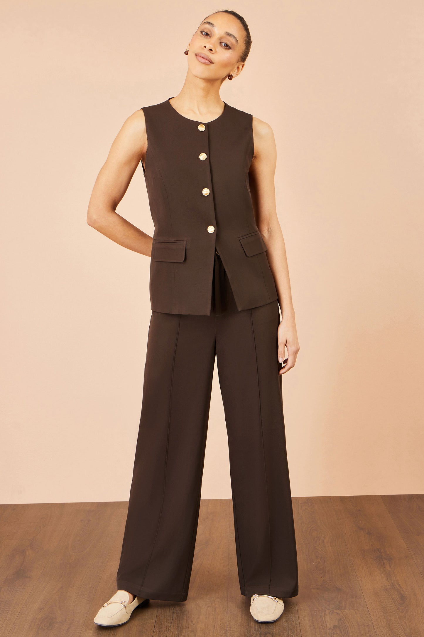 Yumi Brown Wide Leg Stretch Trousers Trouser Yumi