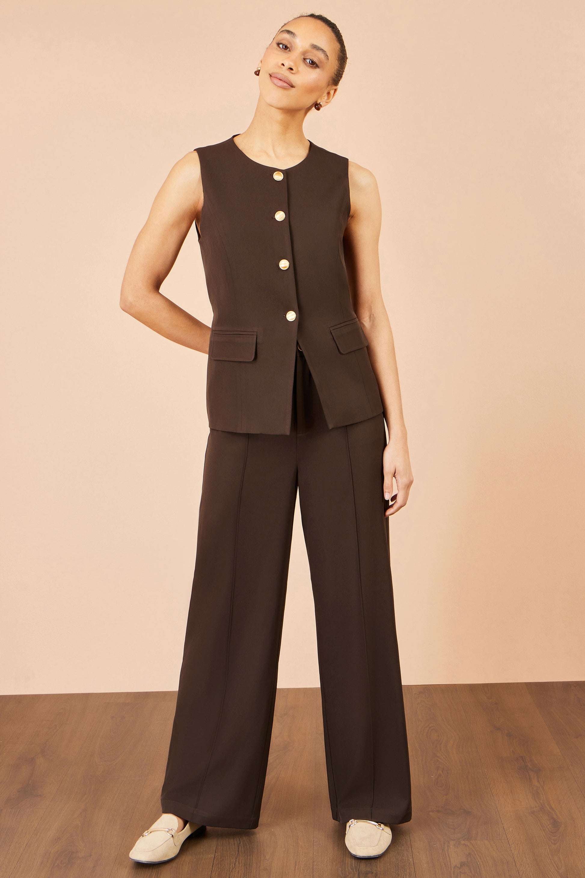 Yumi Brown Wide Leg Stretch Trousers Trouser Yumi