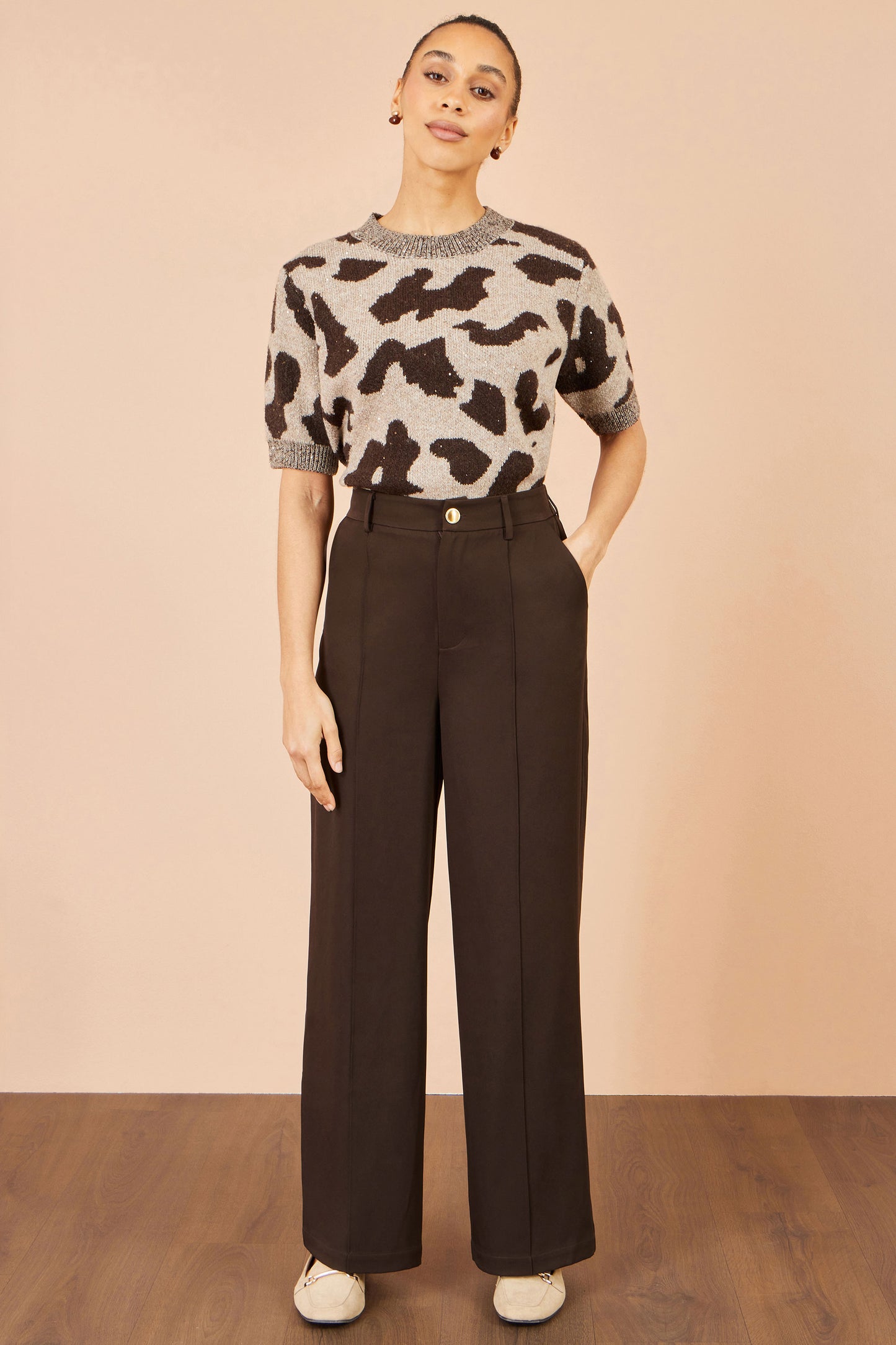 Yumi Brown Wide Leg Stretch Trousers Trouser Yumi