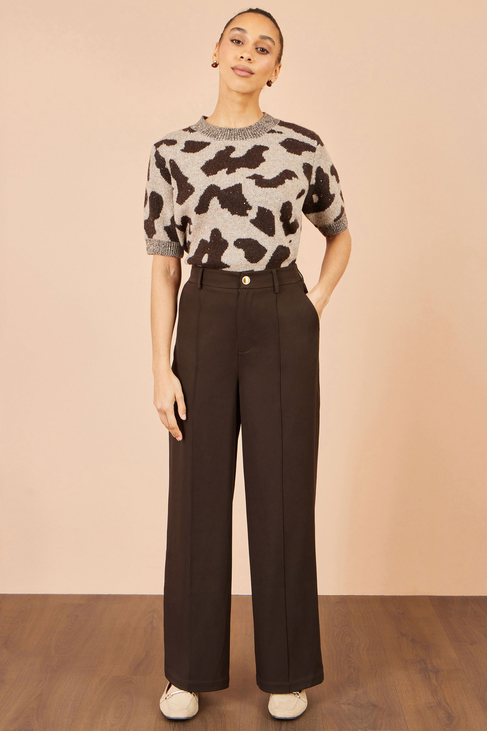 Yumi Brown Wide Leg Stretch Trousers Trouser Yumi