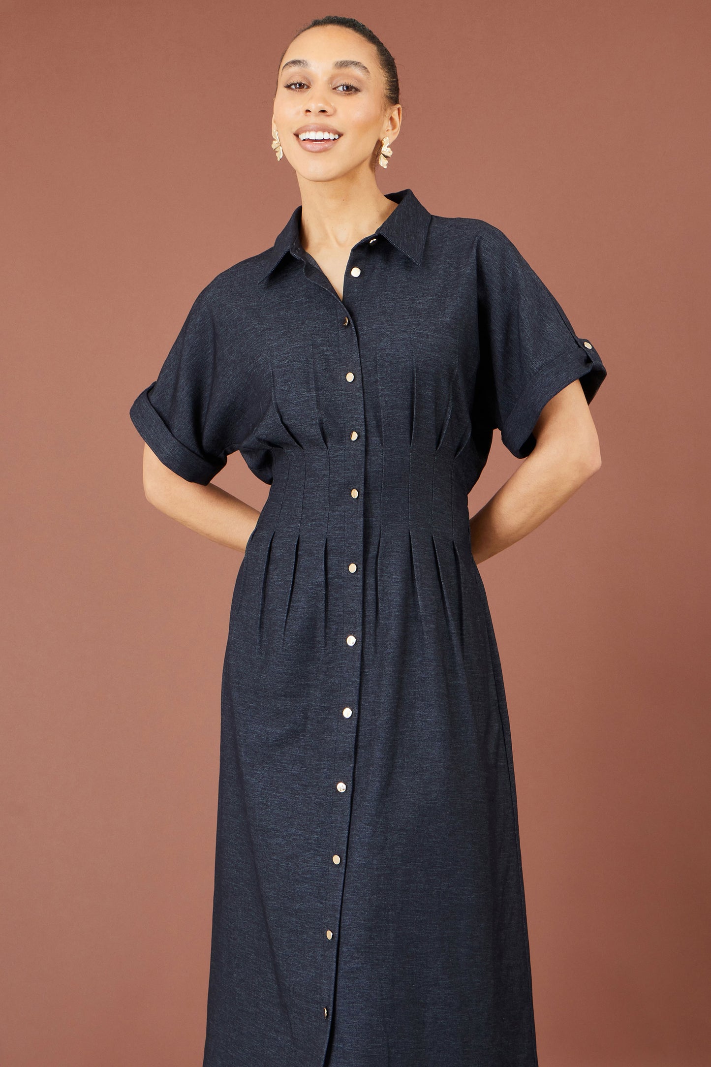 Yumi Navy Stretch Midi Shirt Dress Dress Casual Yumi
