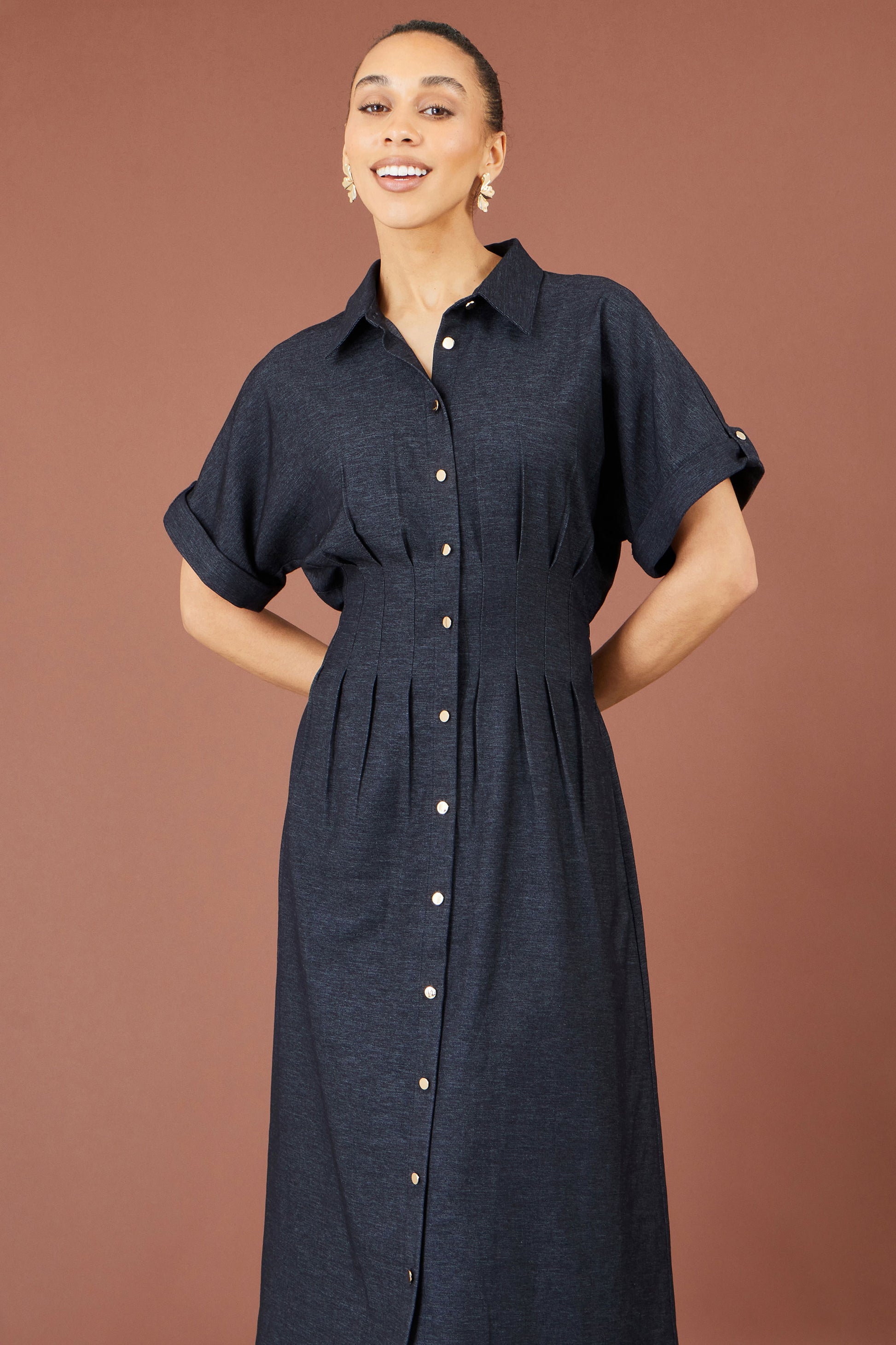 Yumi Navy Stretch Midi Shirt Dress Dress Casual Yumi