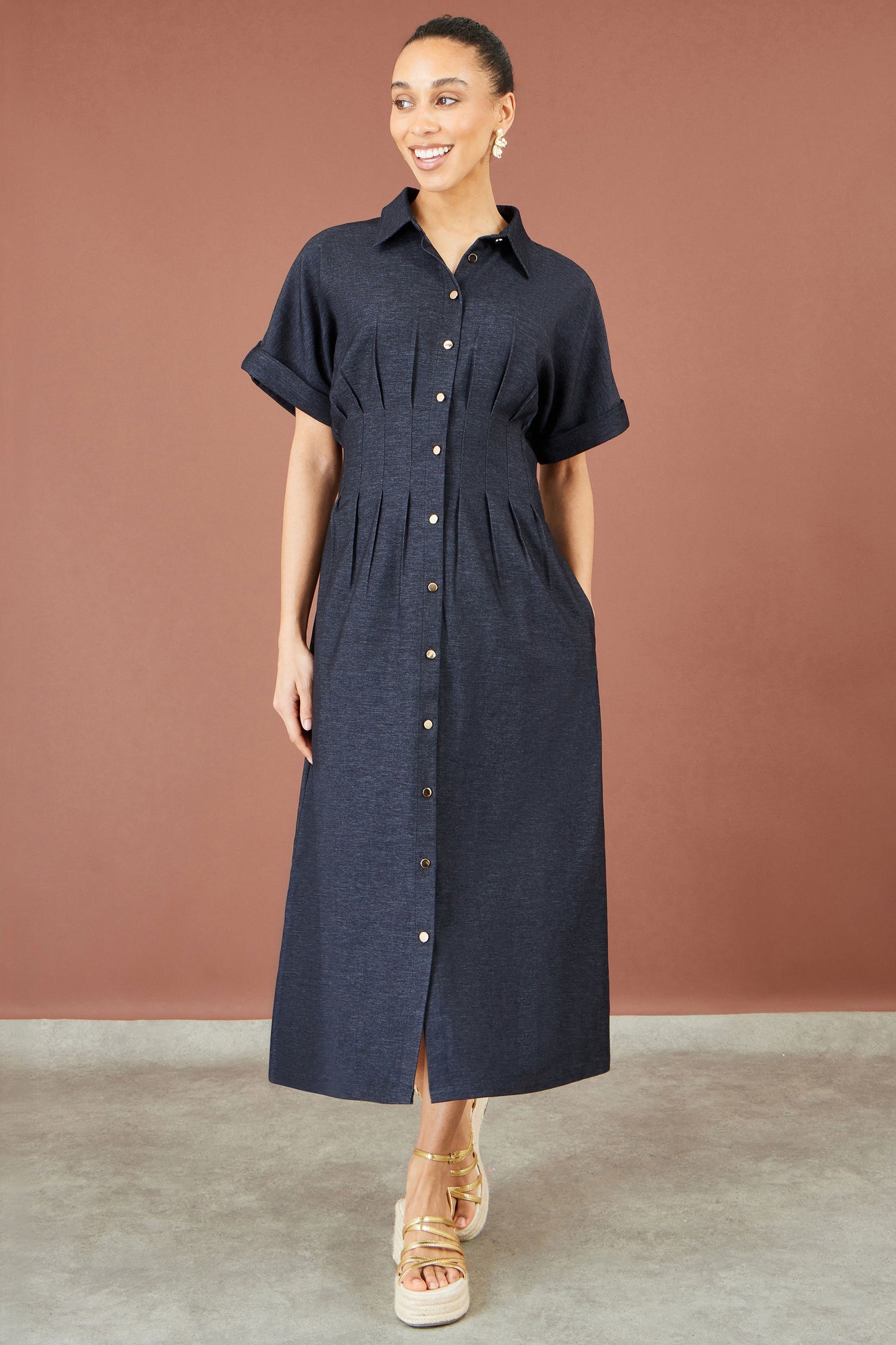 Yumi Navy Stretch Midi Shirt Dress Dress Casual Yumi