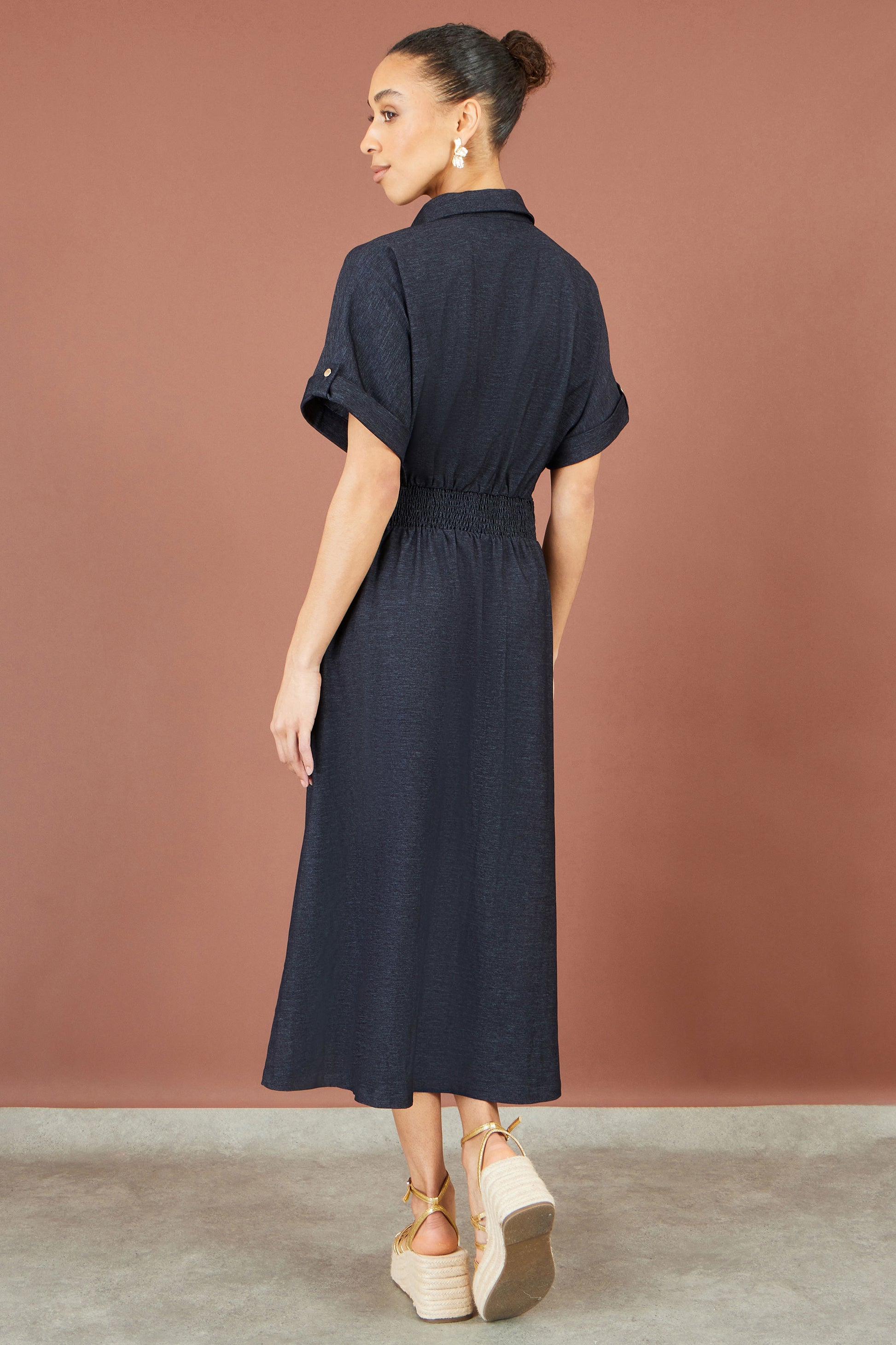 Yumi Navy Stretch Midi Shirt Dress Dress Casual Yumi