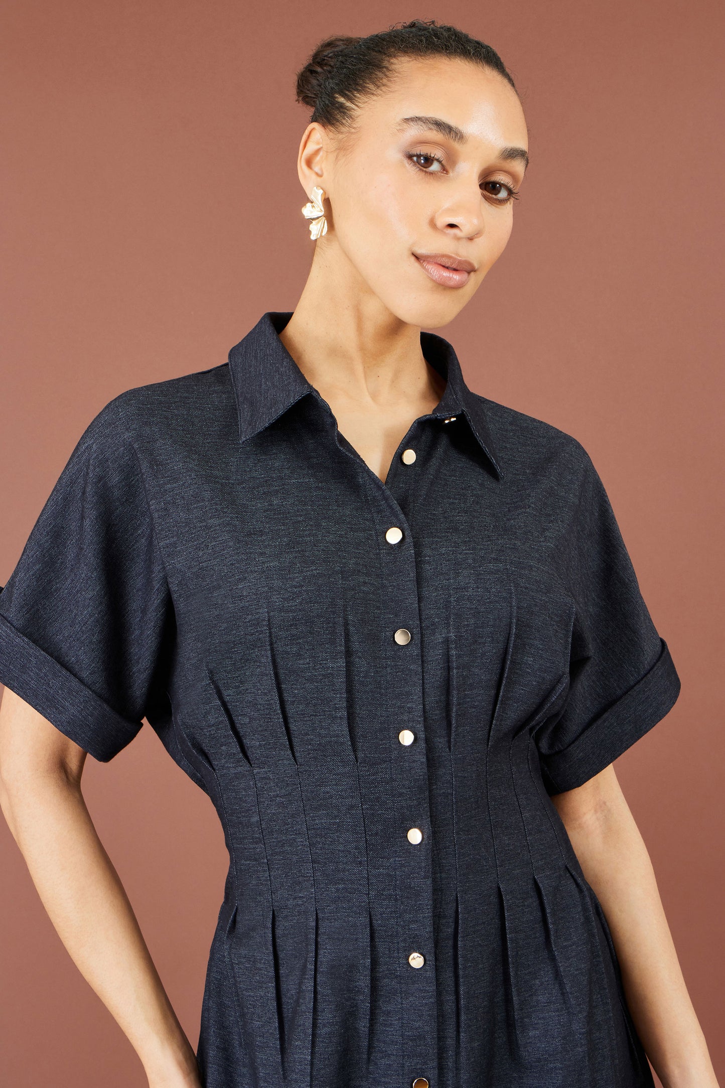 Yumi Navy Stretch Midi Shirt Dress Dress Casual Yumi