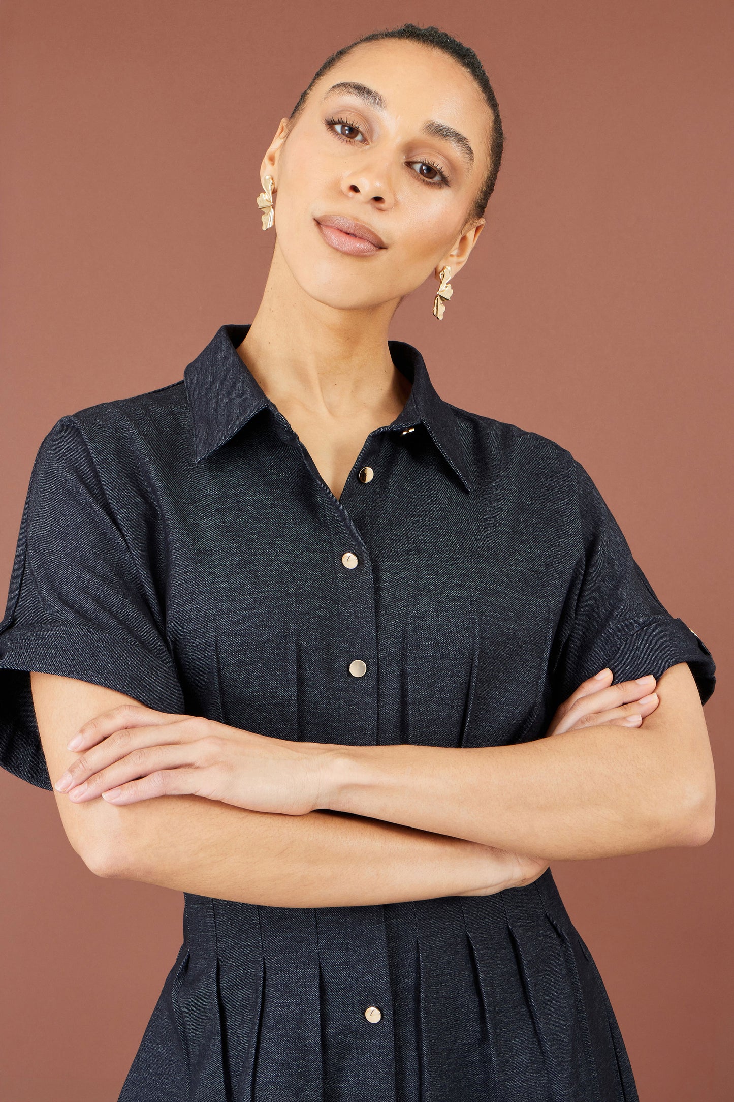 Yumi Navy Stretch Midi Shirt Dress Dress Casual Yumi