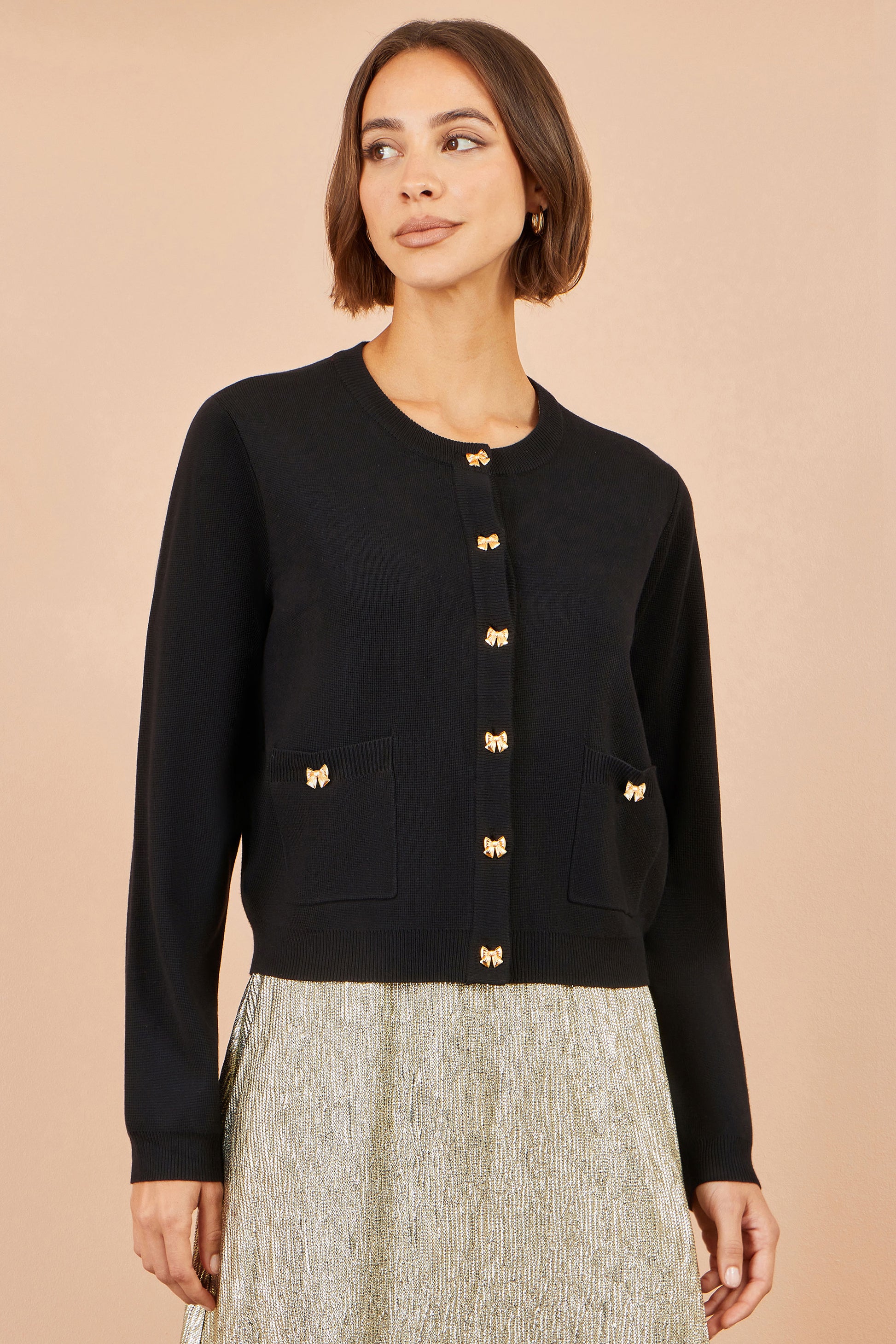 Yumi Black Bow Button Cardigan Knit Cardigan Yumi