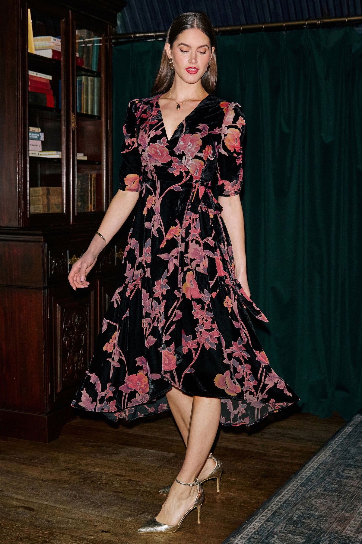 Yumi Velvet Floral Wrap Dress With Ruched Sleeves Dress Party Yumi