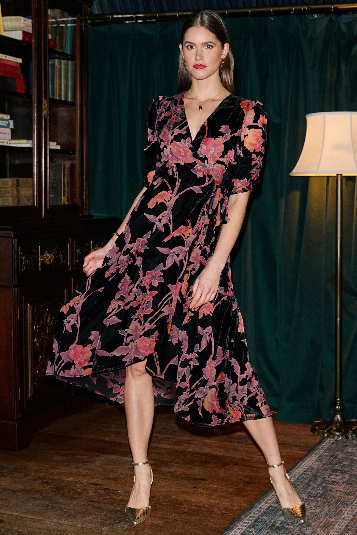 Yumi Velvet Floral Wrap Dress With Ruched Sleeves Dress Party Yumi