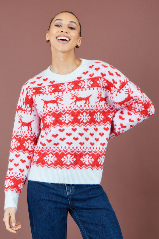 Yumi Red Heart Fairisle Christmas Jumper Knit Xmas Jumper Yumi