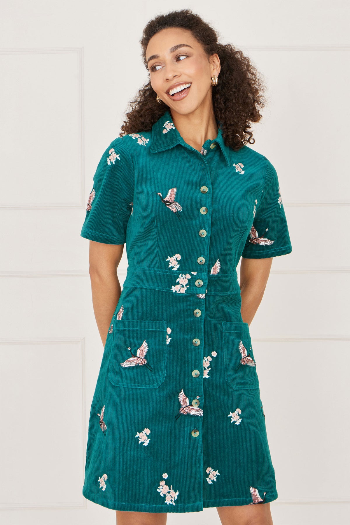 Yumi Teal Crane Embroidered Shirt Dress Dress Casual Yumi