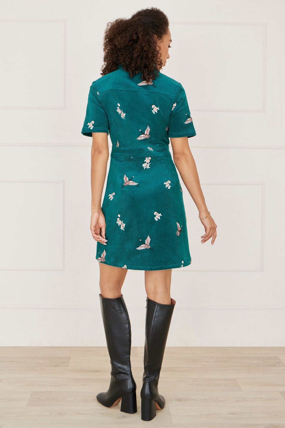 Yumi Teal Crane Embroidered Shirt Dress Dress Casual Yumi