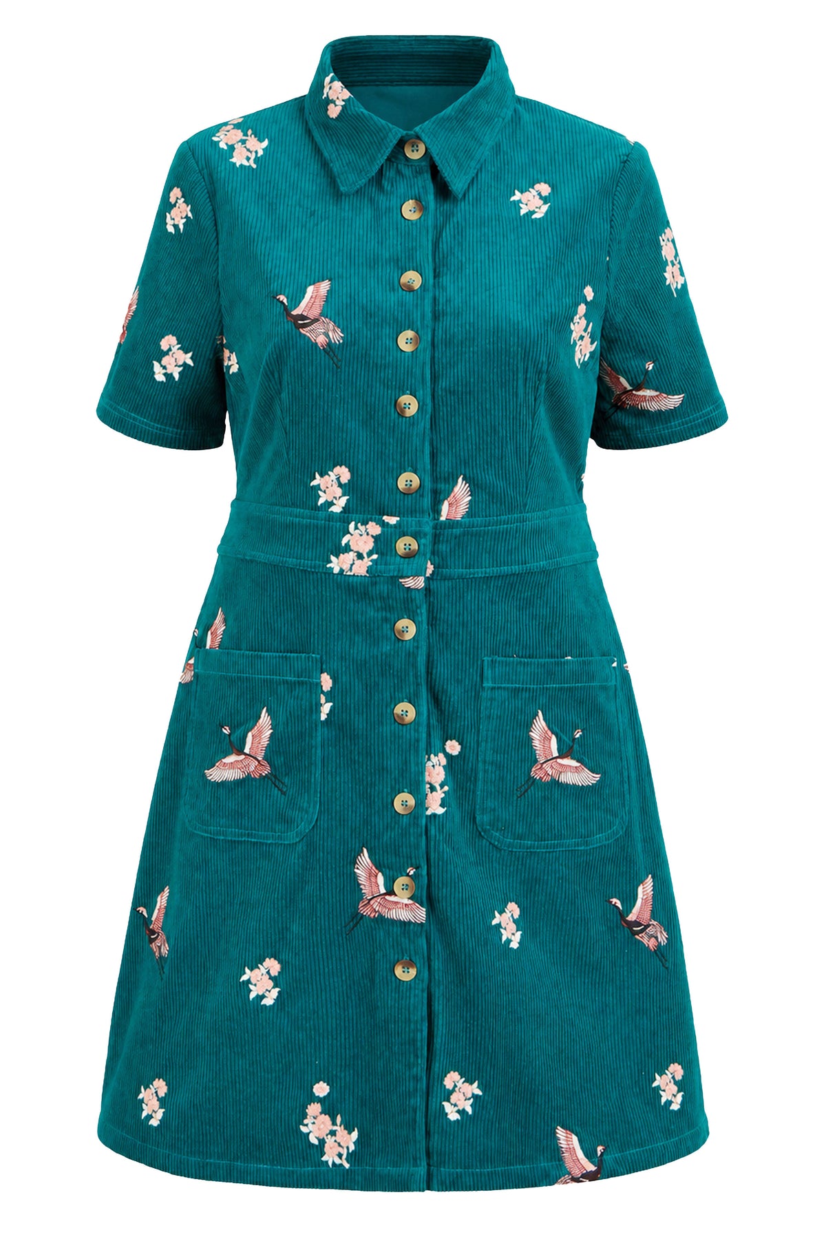 Yumi Teal Crane Embroidered Shirt Dress Dress Casual Yumi