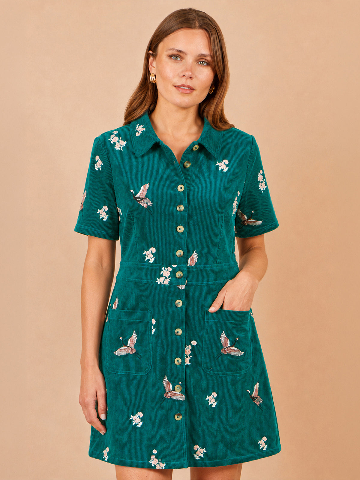 Yumi Teal Crane Embroidered Shirt Dress Dress Casual Yumi
