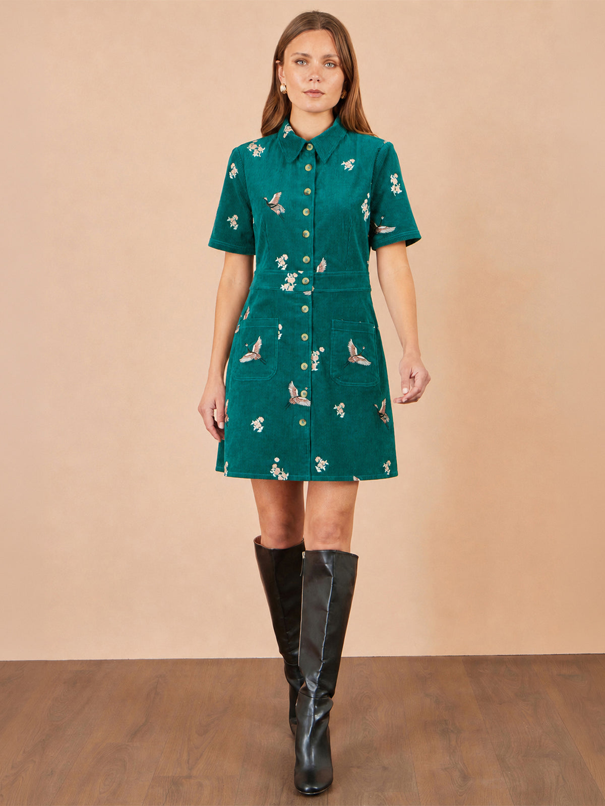 Yumi Teal Crane Embroidered Shirt Dress Dress Casual Yumi