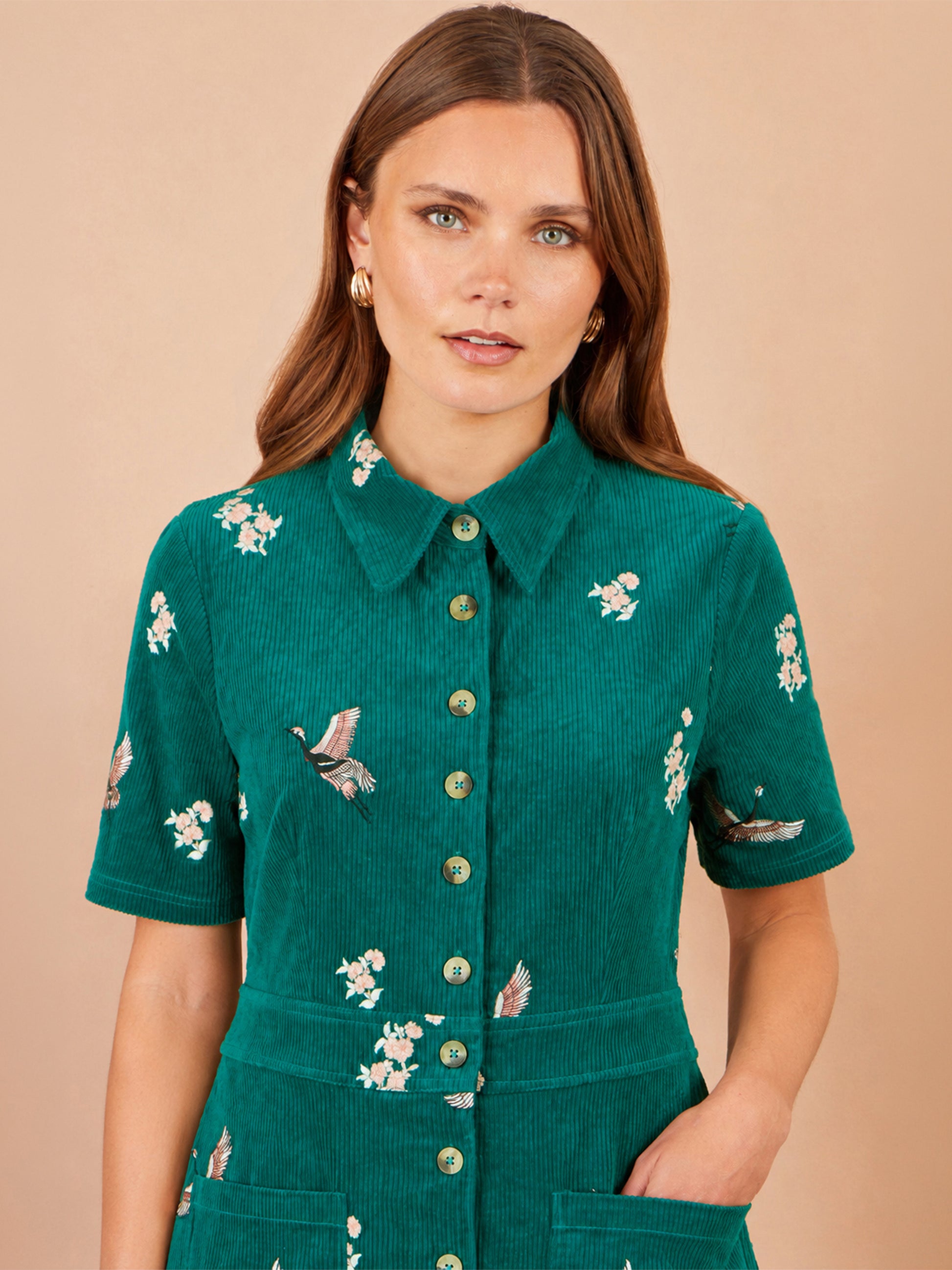 Yumi Teal Crane Embroidered Shirt Dress Dress Casual Yumi