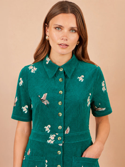 Yumi Teal Crane Embroidered Shirt Dress Dress Casual Yumi