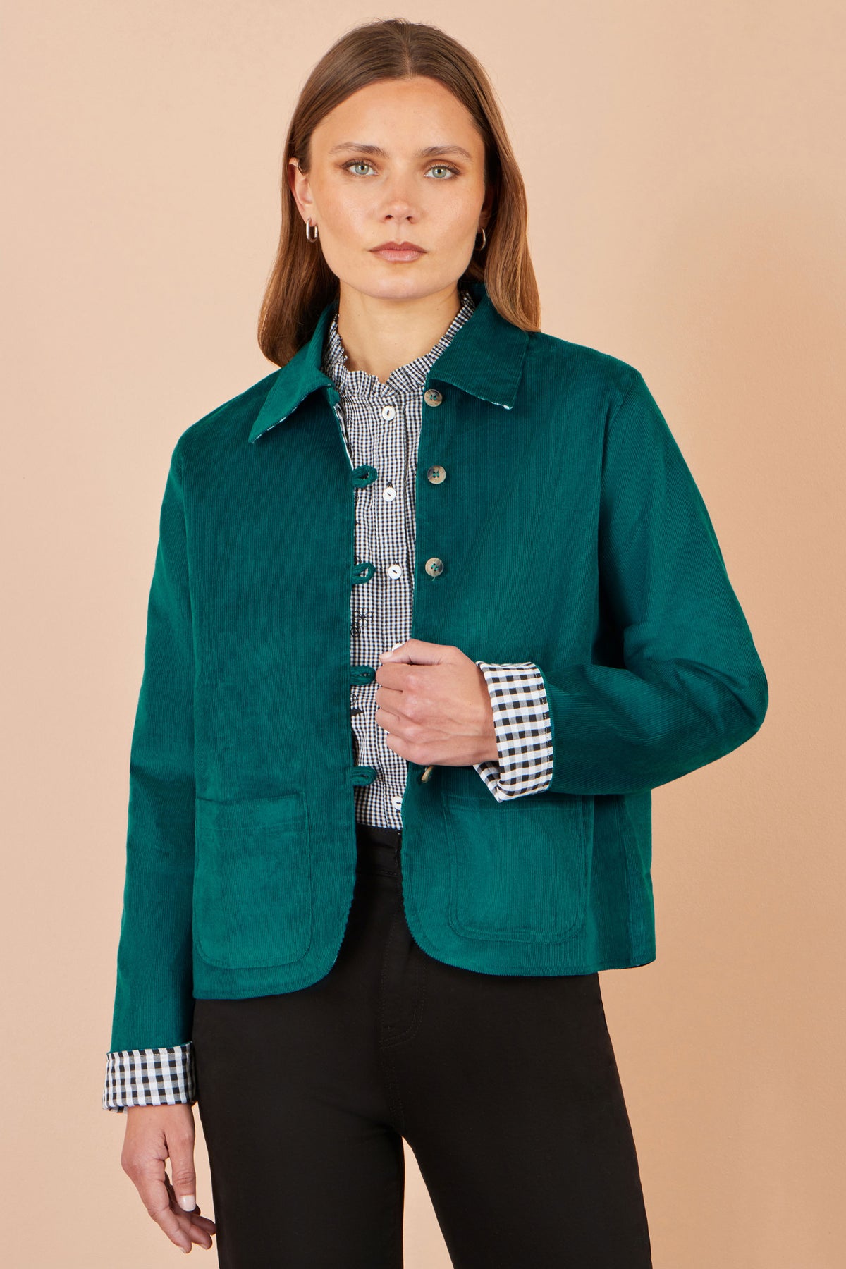 Yumi Teal Cord Reversible Gingham Jacket Outerwear Yumi