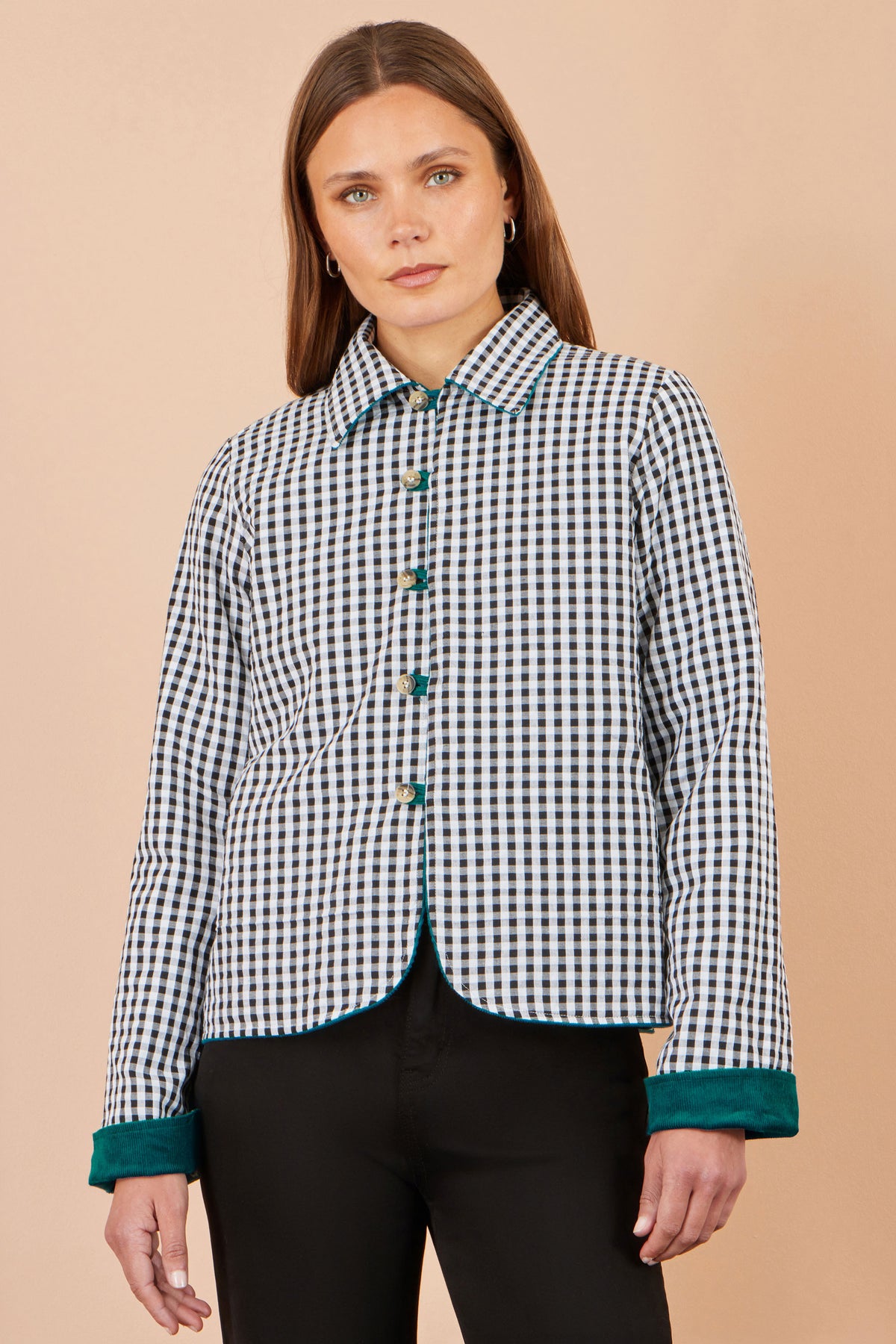 Yumi Teal Cord Reversible Gingham Jacket Outerwear Yumi