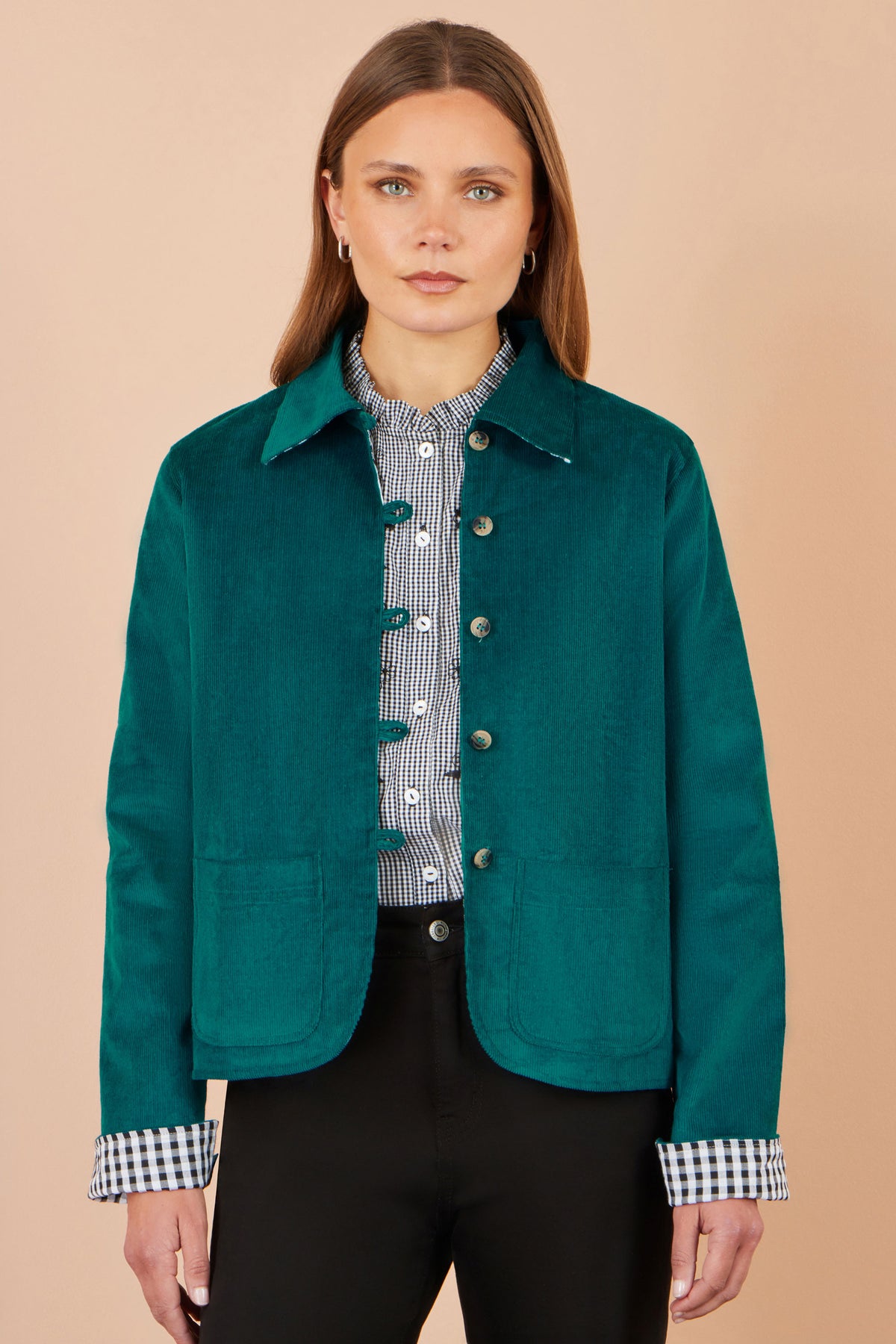 Yumi Teal Cord Reversible Gingham Jacket Outerwear Yumi