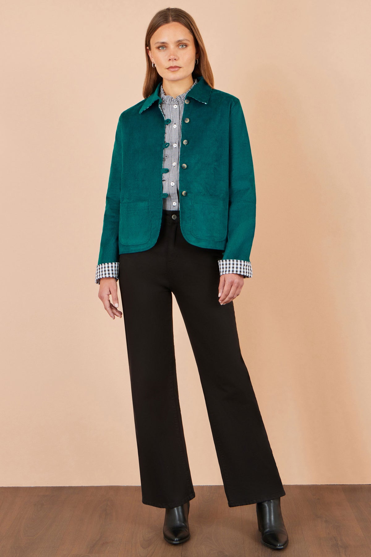 Yumi Teal Cord Reversible Gingham Jacket Outerwear Yumi