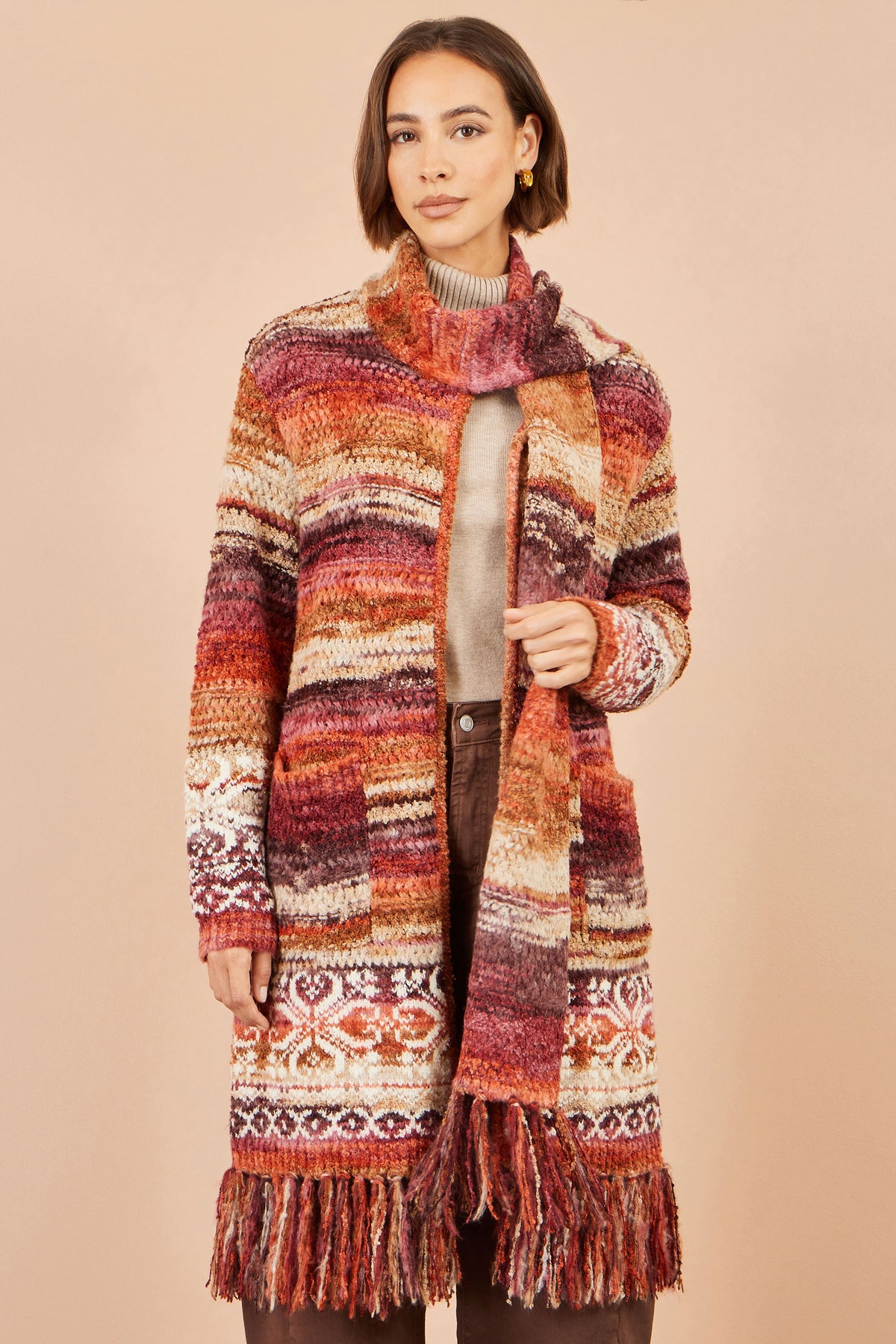 Yumi Orange Boucle Soft Long Cardigan With Scarf Knit Cardigan Yumi