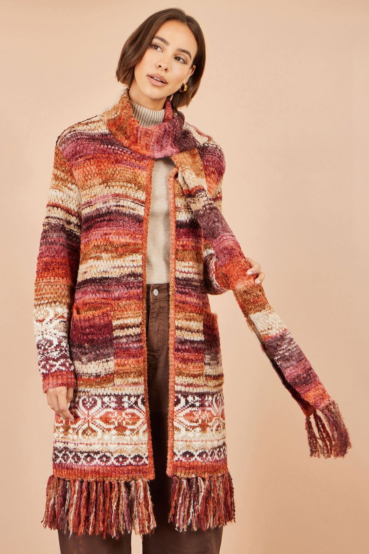 Yumi Orange Boucle Soft Long Cardigan With Scarf Knit Cardigan Yumi