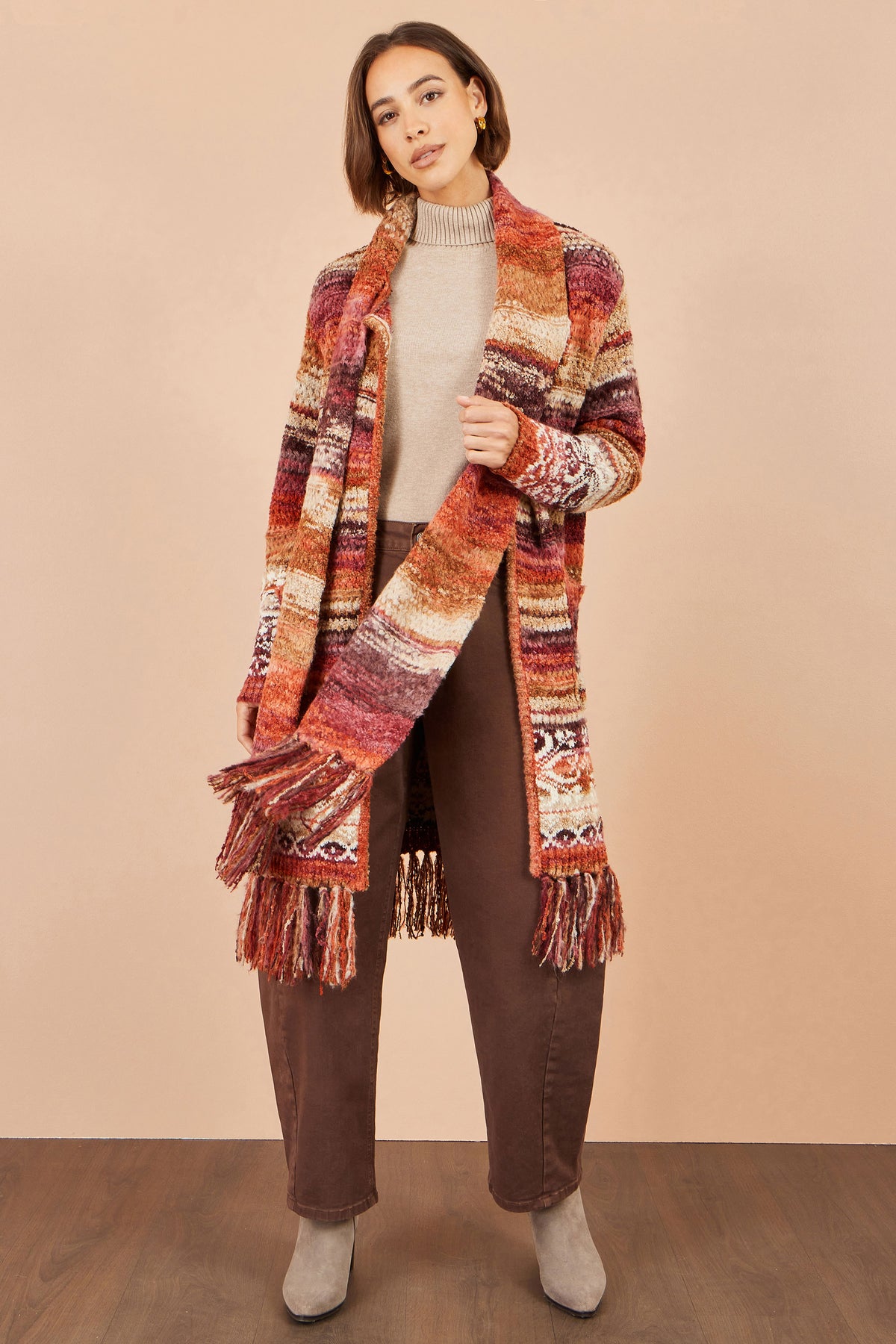 Yumi Orange Boucle Soft Long Cardigan With Scarf Knit Cardigan Yumi