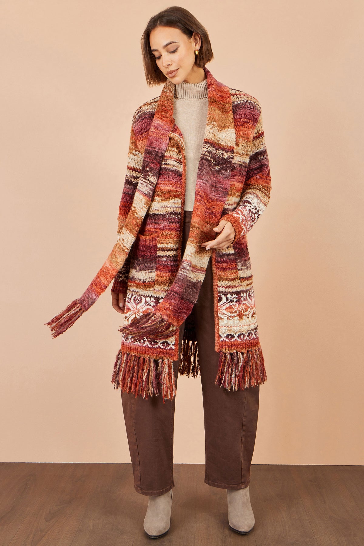 Yumi Orange Boucle Soft Long Cardigan With Scarf Knit Cardigan Yumi