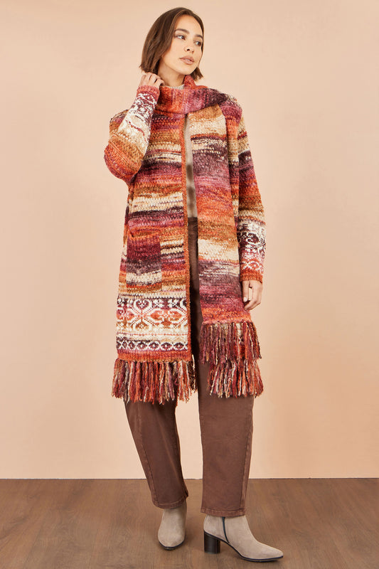 Yumi Orange Boucle Soft Long Cardigan With Scarf Knit Cardigan Yumi