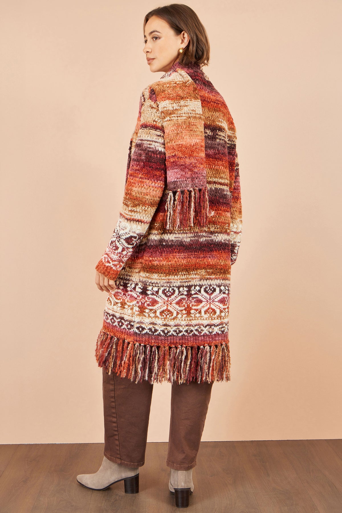 Yumi Orange Boucle Soft Long Cardigan With Scarf Knit Cardigan Yumi