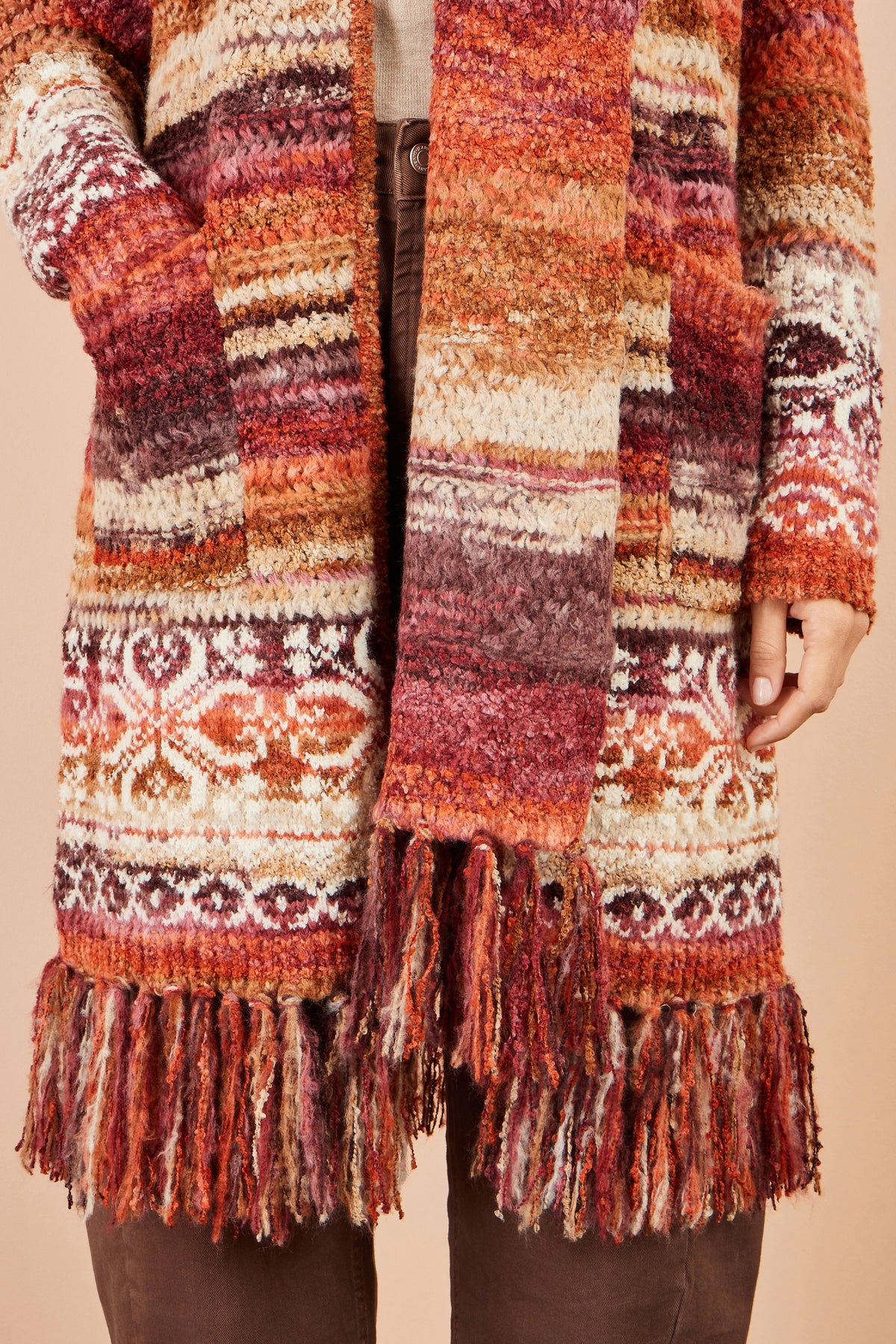 Yumi Orange Boucle Soft Long Cardigan With Scarf Knit Cardigan Yumi