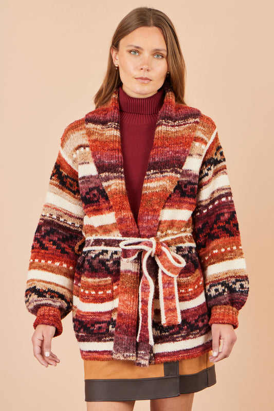 Yumi Orange Stripe Fairisle Soft Wrap Cardigan Knit Cardigan Yumi