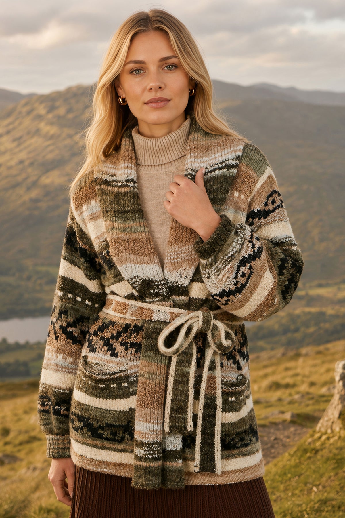 Yumi Green Stripe Fairisle Soft Wrap Cardigan Knit Cardigan Yumi