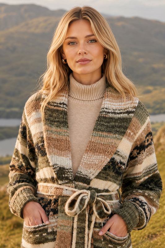 Yumi Green Stripe Fairisle Soft Wrap Cardigan Knit Cardigan Yumi