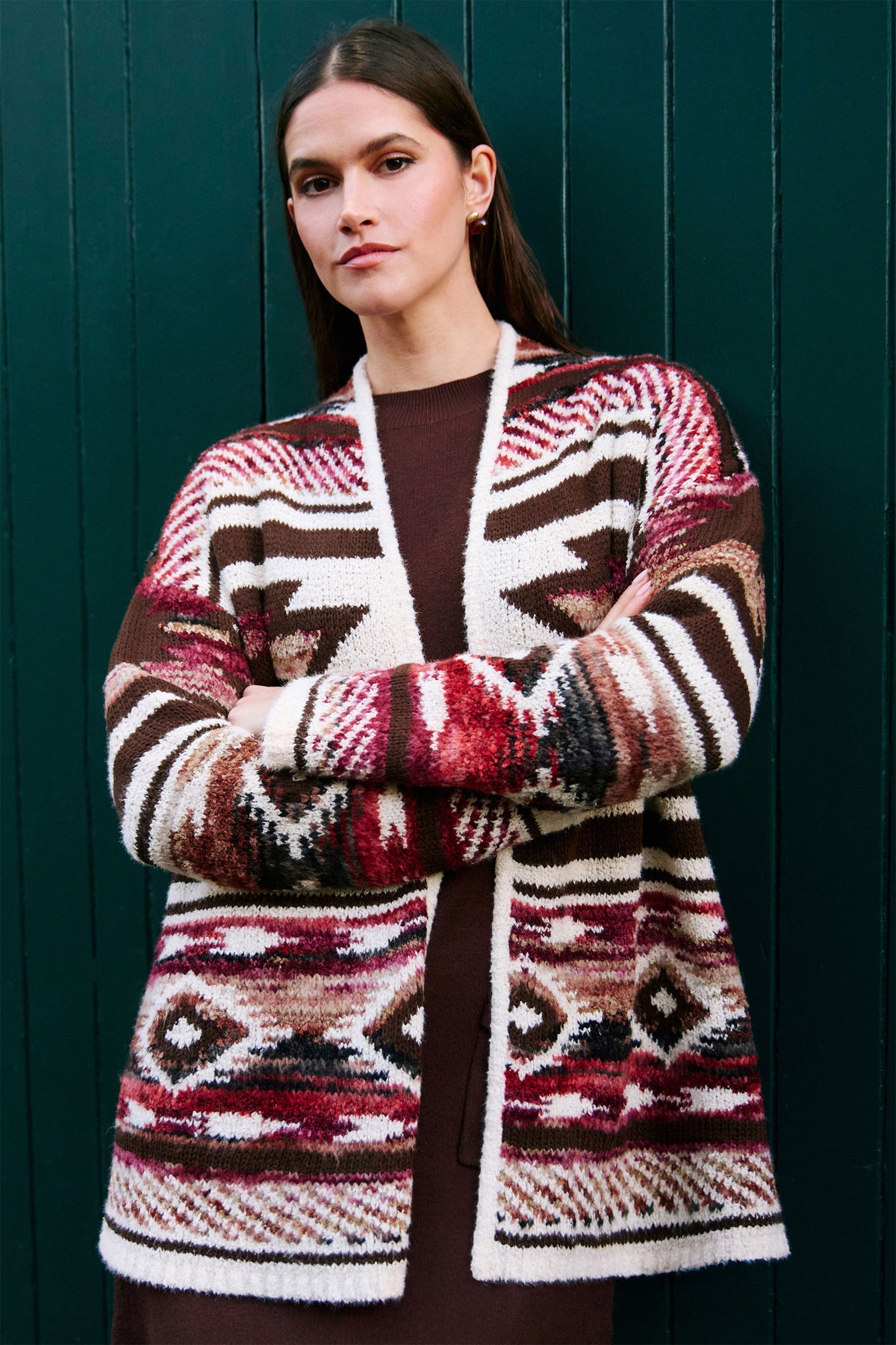 Yumi Multicolour Aztec Boucle Open Cardigan Knit Cardigan Yumi