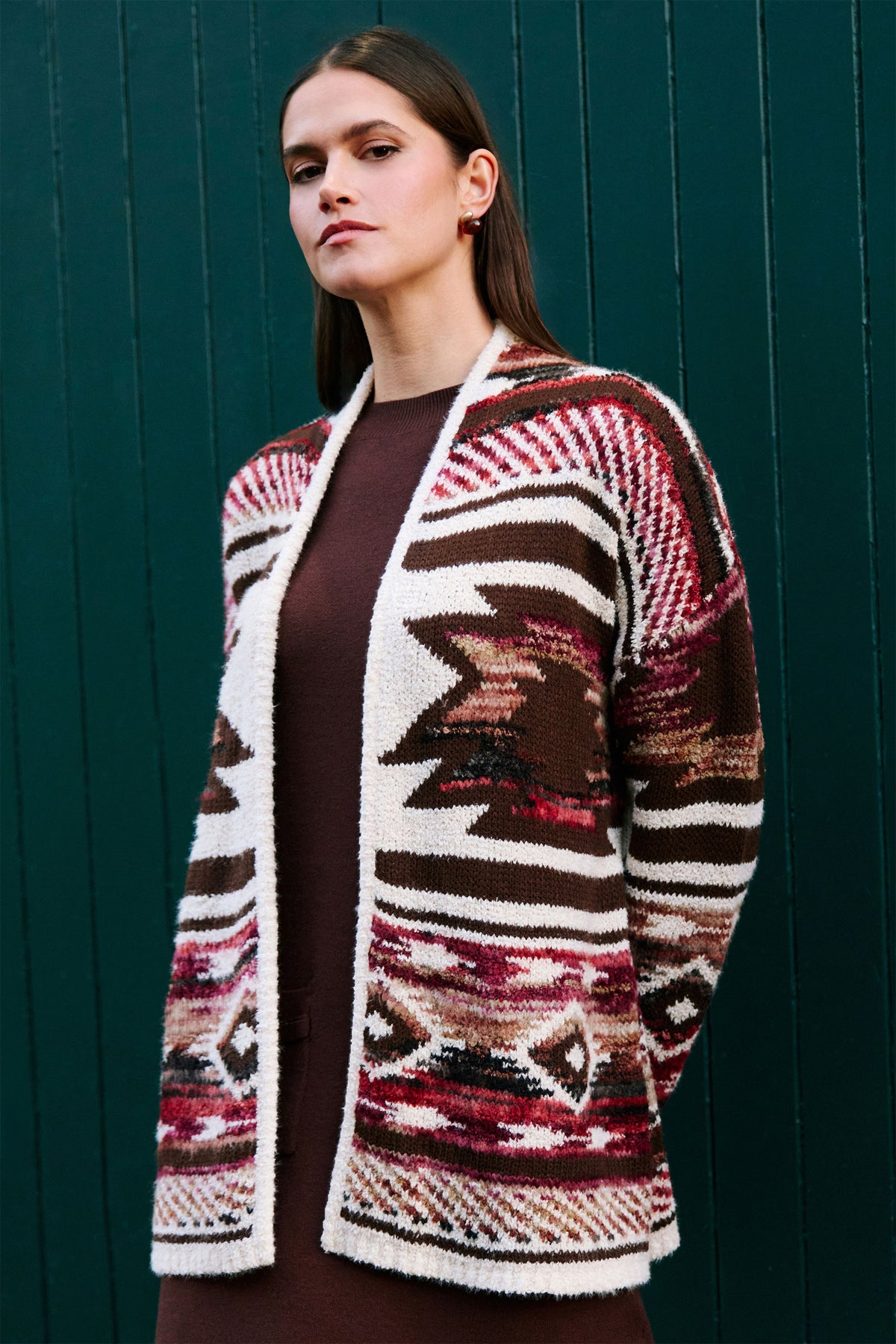 Yumi Multicolour Aztec Boucle Open Cardigan Knit Cardigan Yumi
